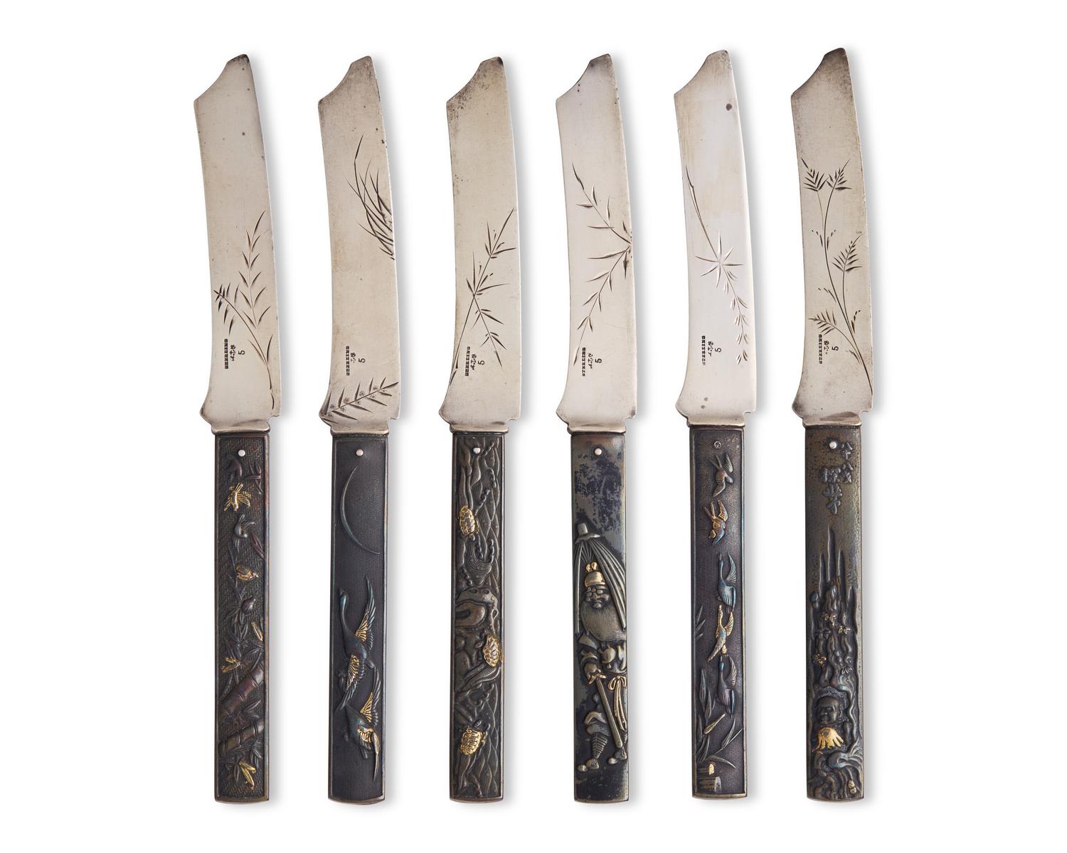A Set of Six Sterling Silver and Mixed Metal "Japonesque" Fruit Knives