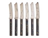 A Set of Six Sterling Silver and Mixed Metal "Japonesque" Fruit Knives