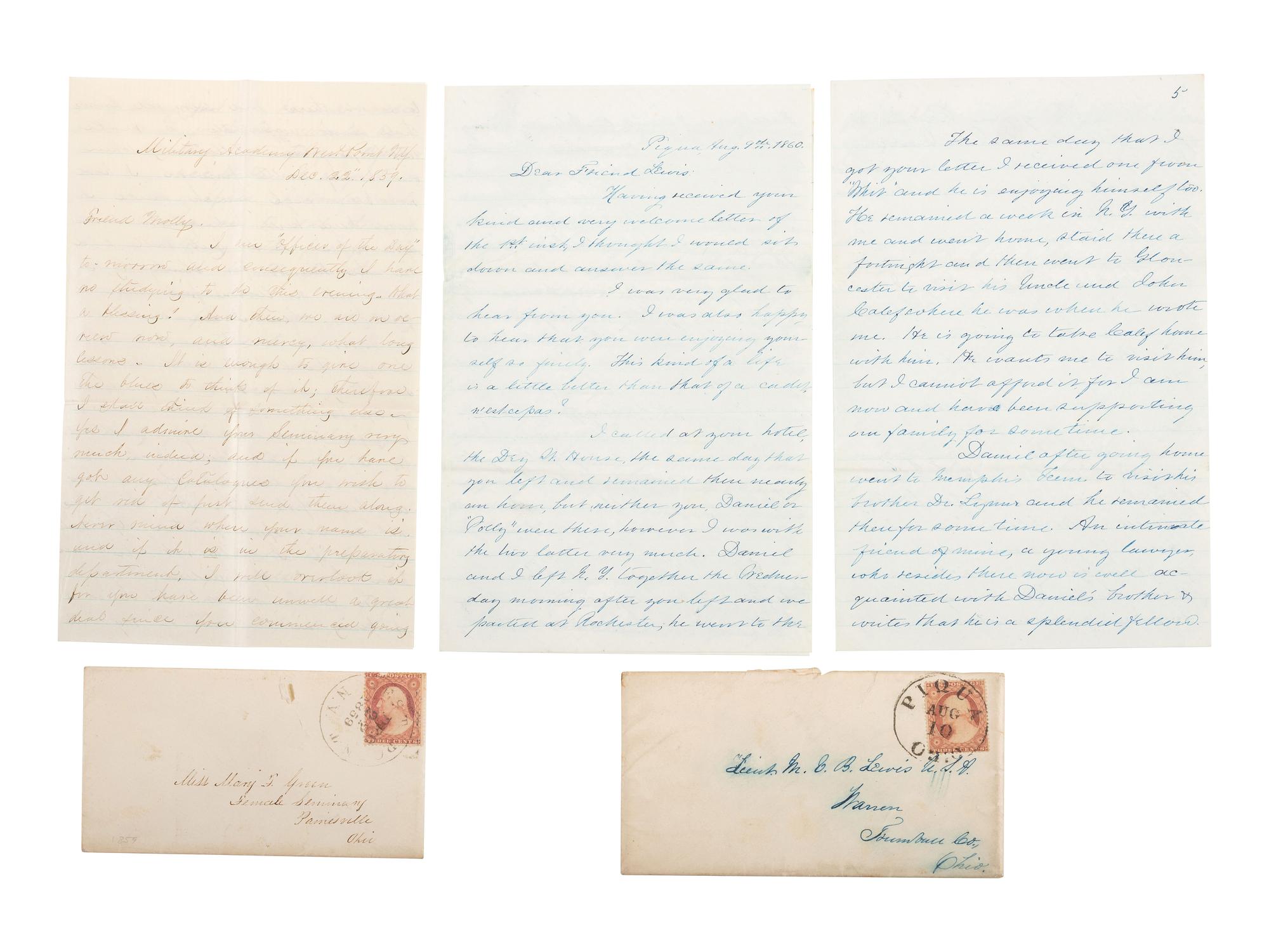 [CIVIL WAR]. A collection of 30 letters associated with West Point Cadet and 2nd Lieutenant Martin Van Buren Lewis, 8th US Infantry, and his wife. 1857 -1863.