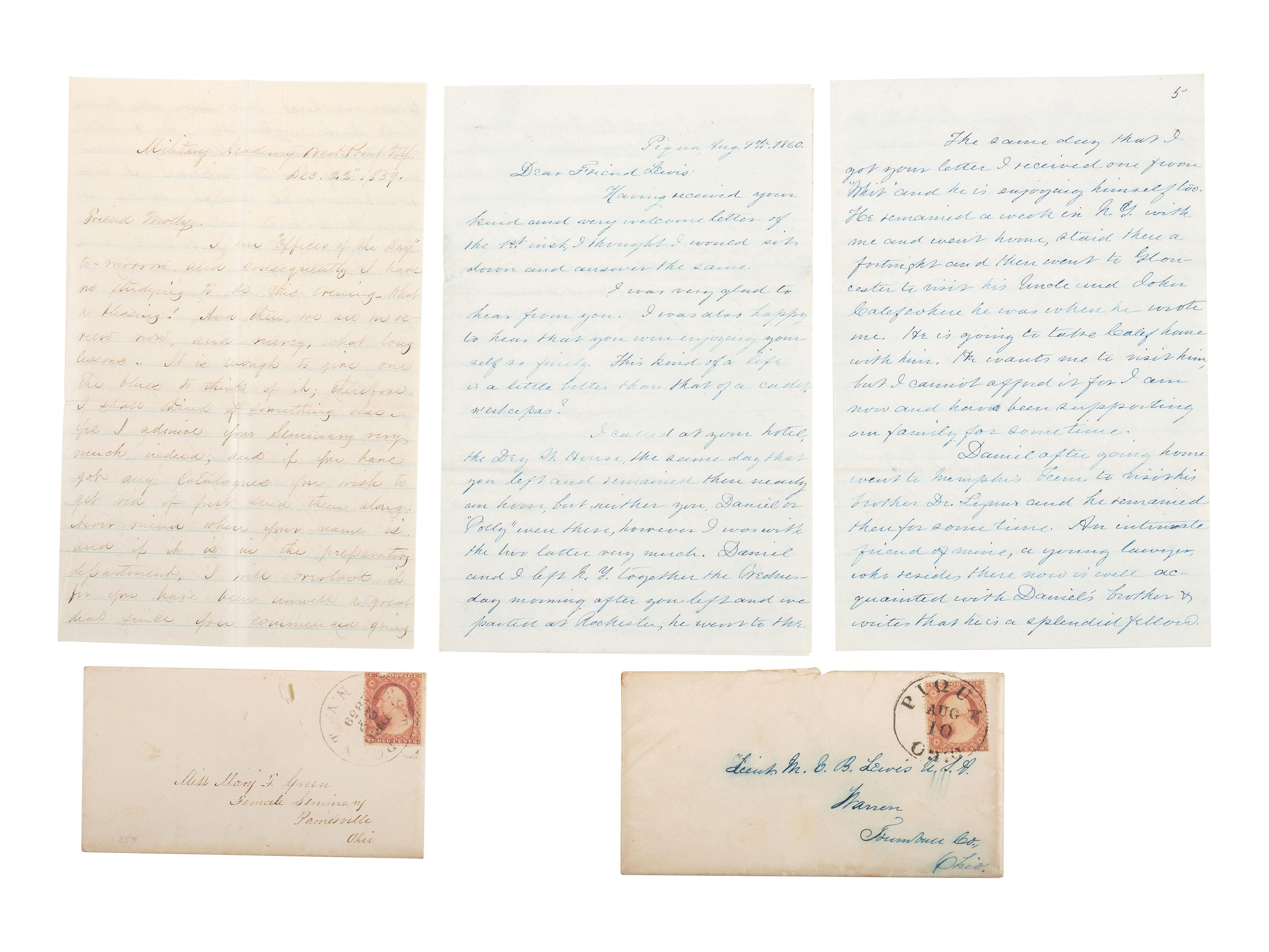 [CIVIL WAR]. A collection of 30 letters associated with West Point Cadet and 2nd Lieutenant Martin Van Buren Lewis, 8th US Infantry, and his wife. 1857 -1863.