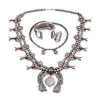 Navajo Matching Squash Blossom, Cuff Bracelet, Ring, and Necklace