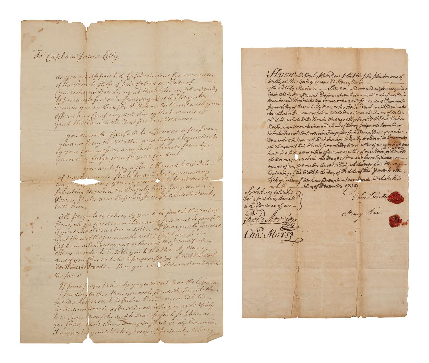 [FRENCH & INDIAN WAR] -- [PRIVATEERS]. A group of 5 documents associated with New York Privateer Captain James Lilley and the British ship he commanded during the French and Indian War, the Duke of Cumberland .