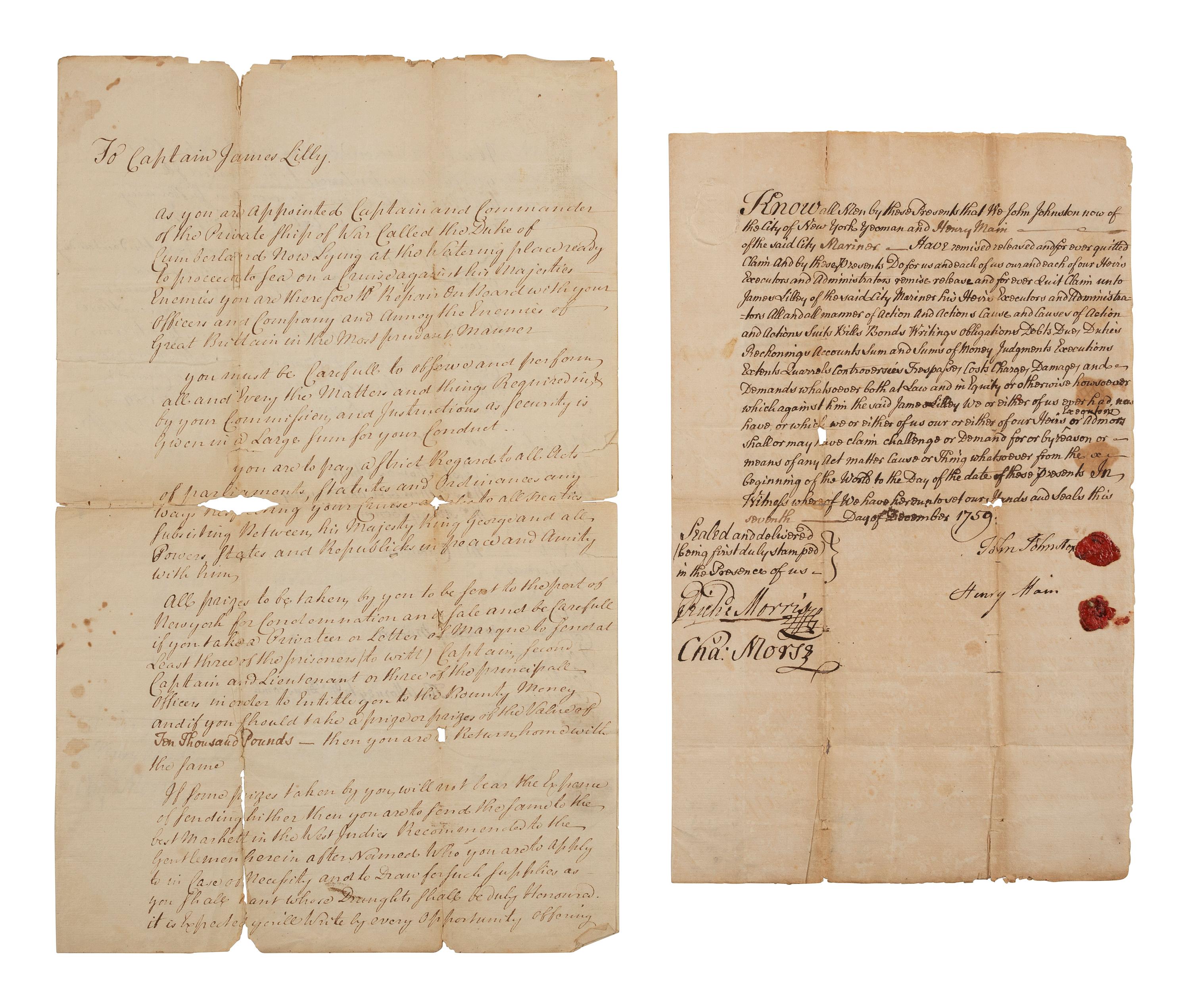 [FRENCH & INDIAN WAR] -- [PRIVATEERS]. A group of 5 documents associated with New York Privateer Captain James Lilley and the British ship he commanded during the French and Indian War, the Duke of Cumberland .