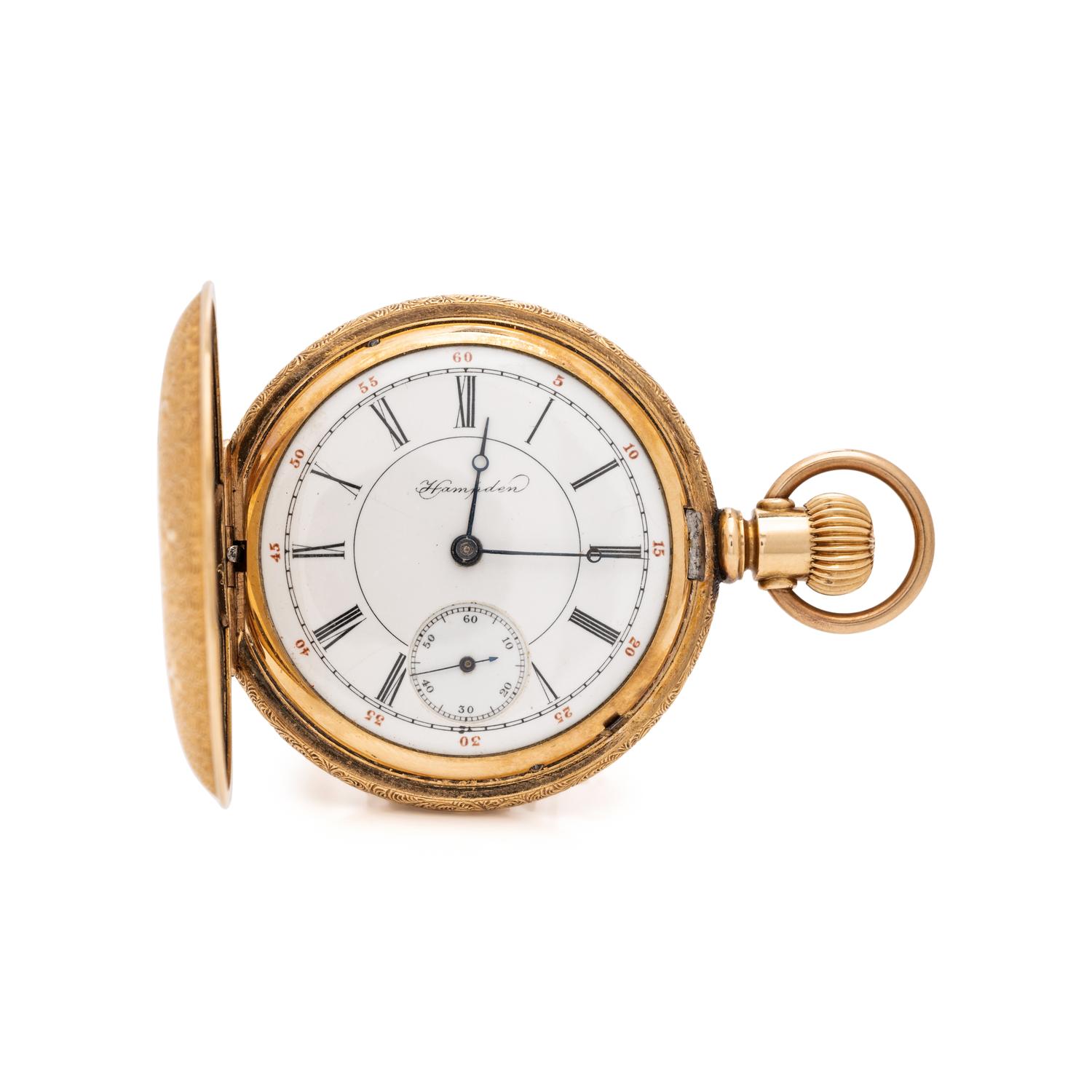 ANTIQUE, HAMPDEN, 14K YELLOW GOLD HUNTING CASE POCKET WATCH