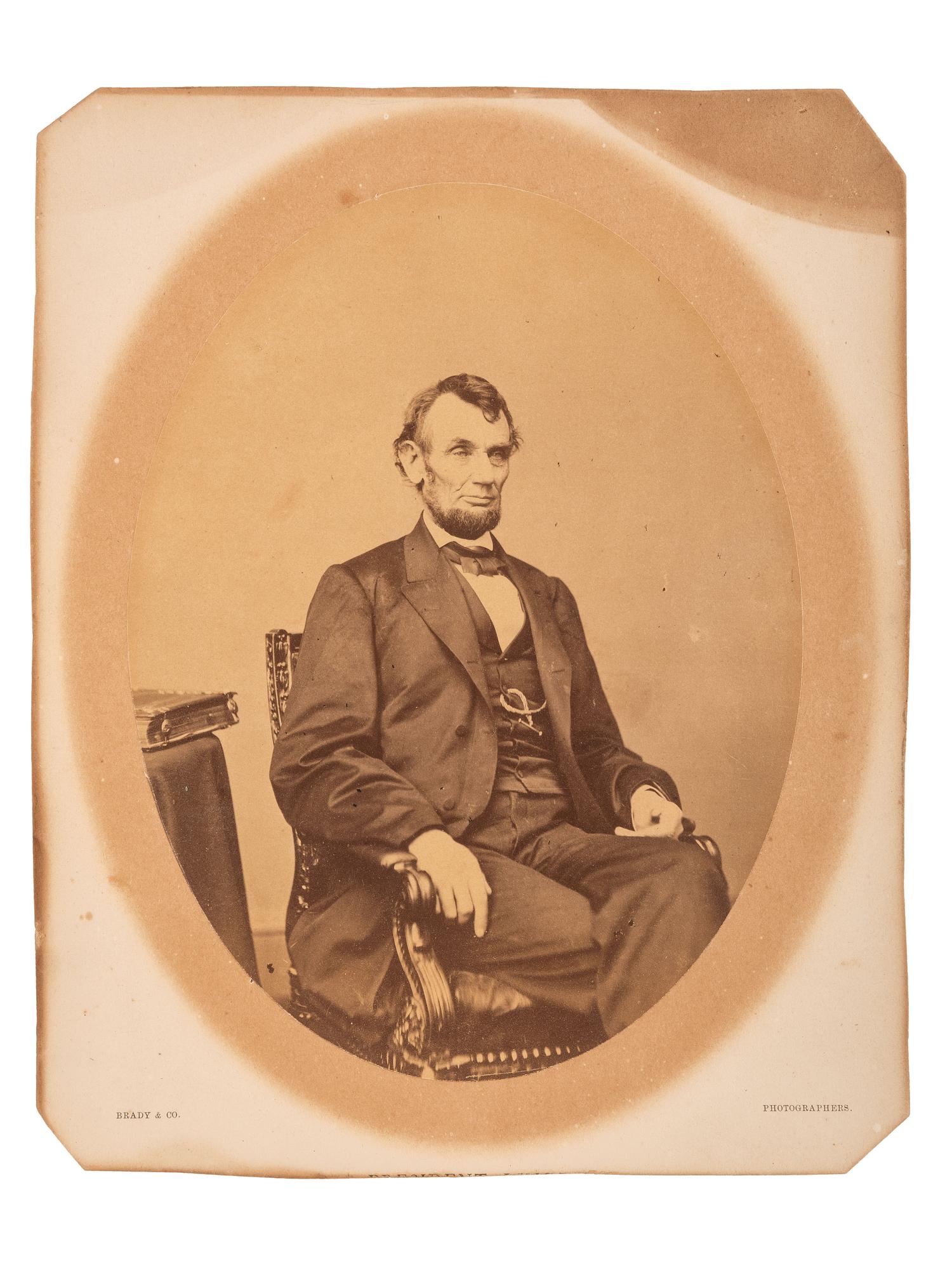 [LINCOLN, Abraham (1809-1865)]. BERGER, Anthony, photographer. Albumen photograph of Abraham Lincoln. [Washington, DC: Mathew Brady Gallery, 1864].