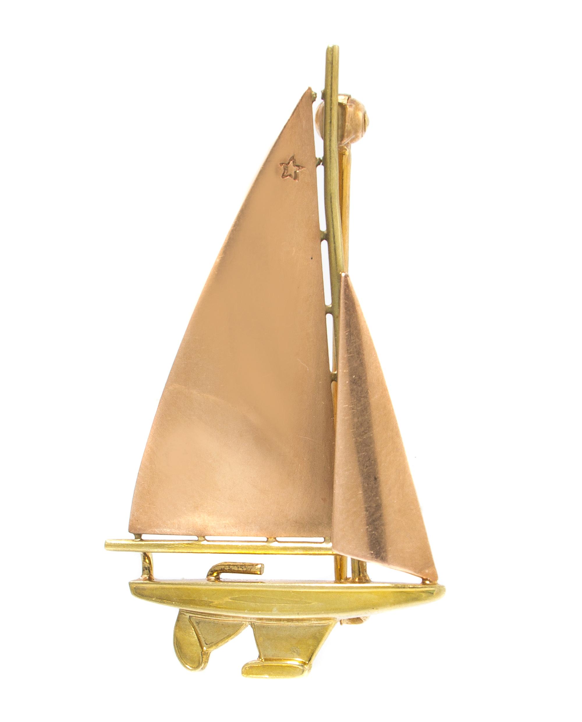 A Retro 14 Karat Rose and Yellow Gold Sailboat Brooch. 3.70 dwts.