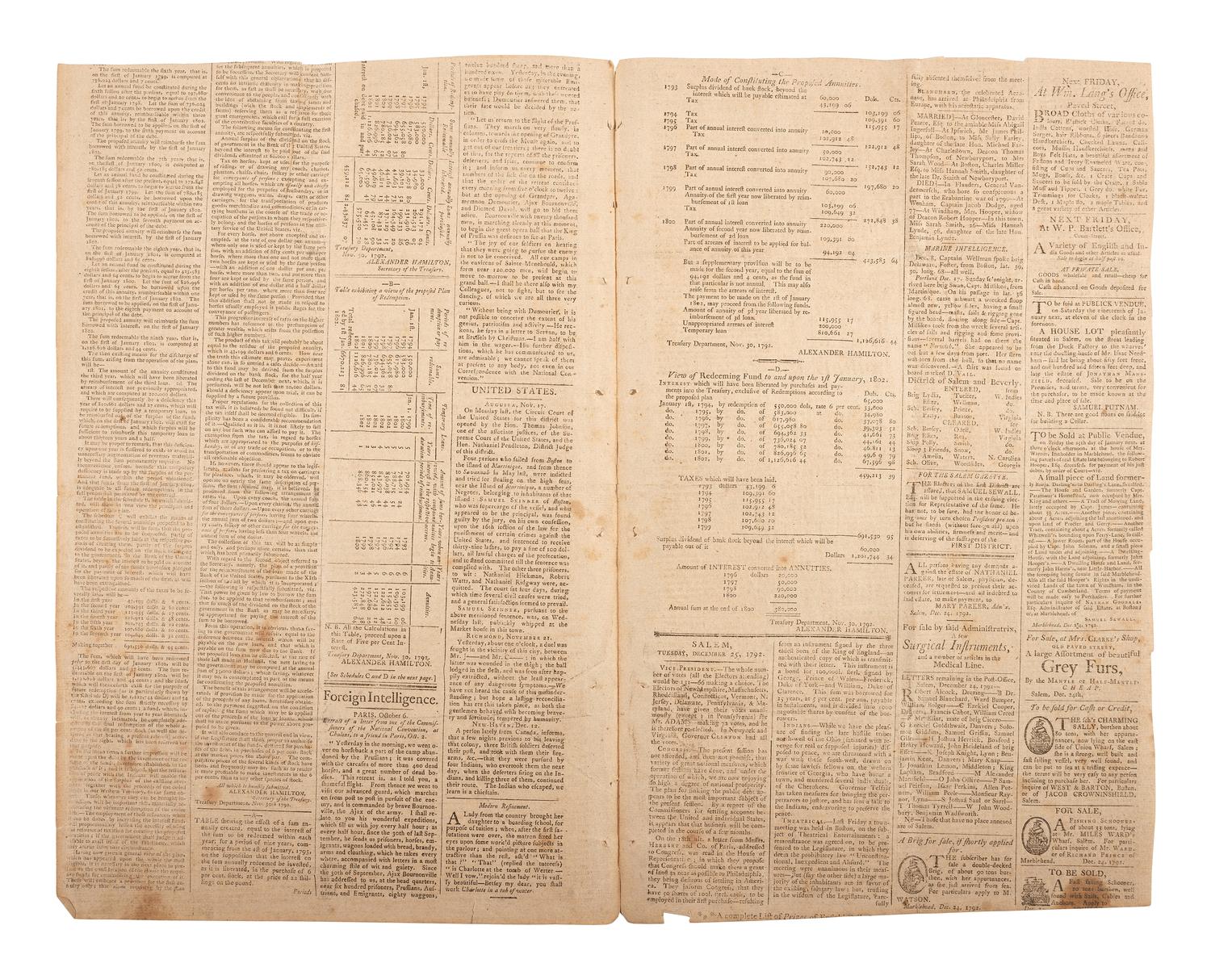 [HAMILTON, Alexander (1757-1804)]. The Salem Gazette. Vol. VI, No. 324. Salem, MA: Thomas C. Cushing, 25 December 1792.