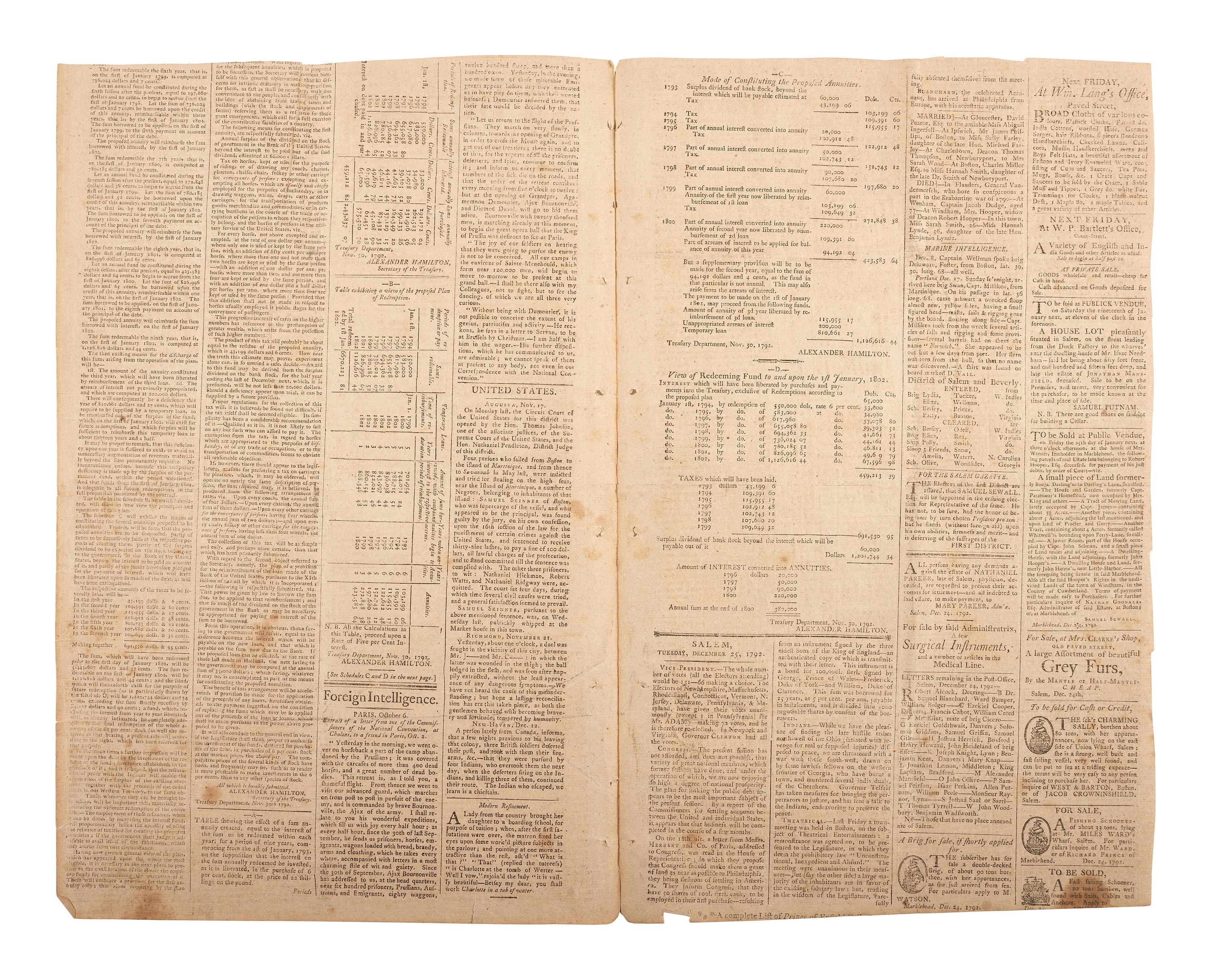 [HAMILTON, Alexander (1757-1804)]. The Salem Gazette. Vol. VI, No. 324. Salem, MA: Thomas C. Cushing, 25 December 1792.