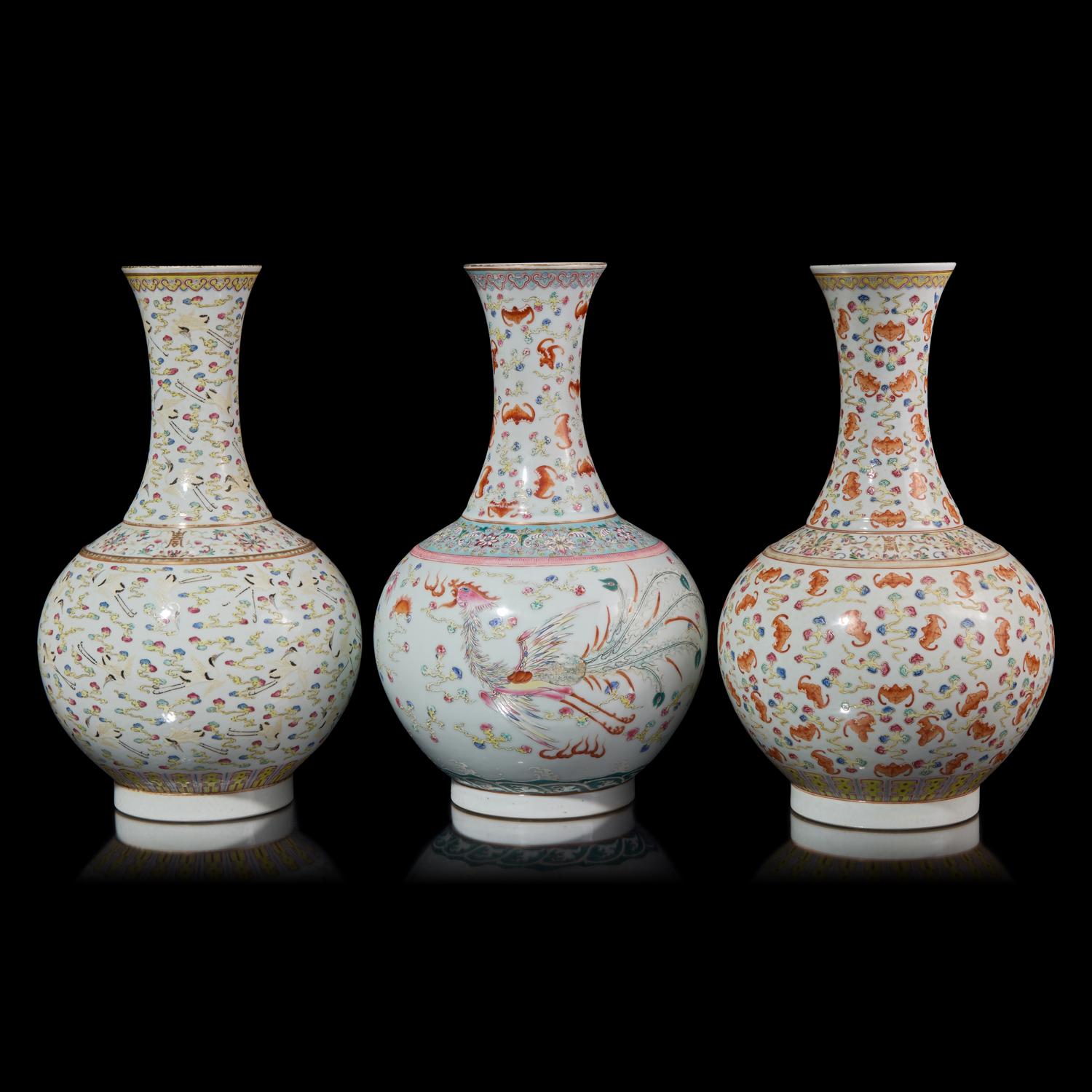 Three Chinese Famille Rose Enameled Porcelain Vases 粉彩瓷瓶三件