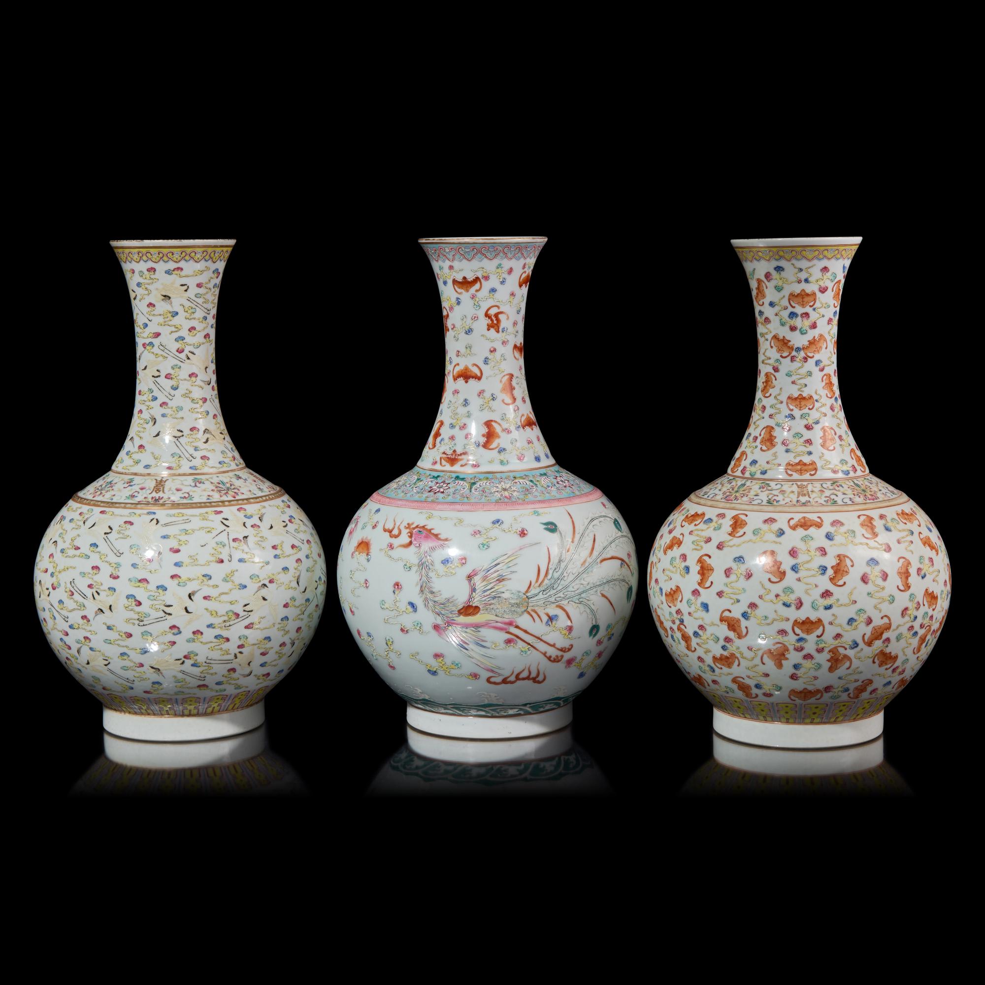 Three Chinese Famille Rose Enameled Porcelain Vases 粉彩瓷瓶三件