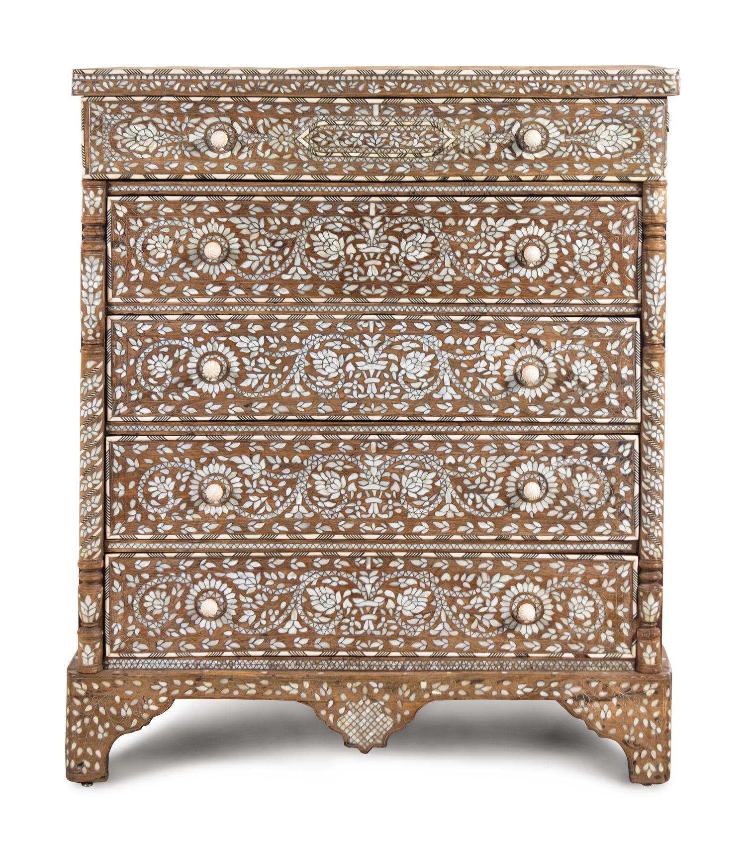 A Syrian Mother-of-Pearl Inlaid Walnut Chest of Drawers