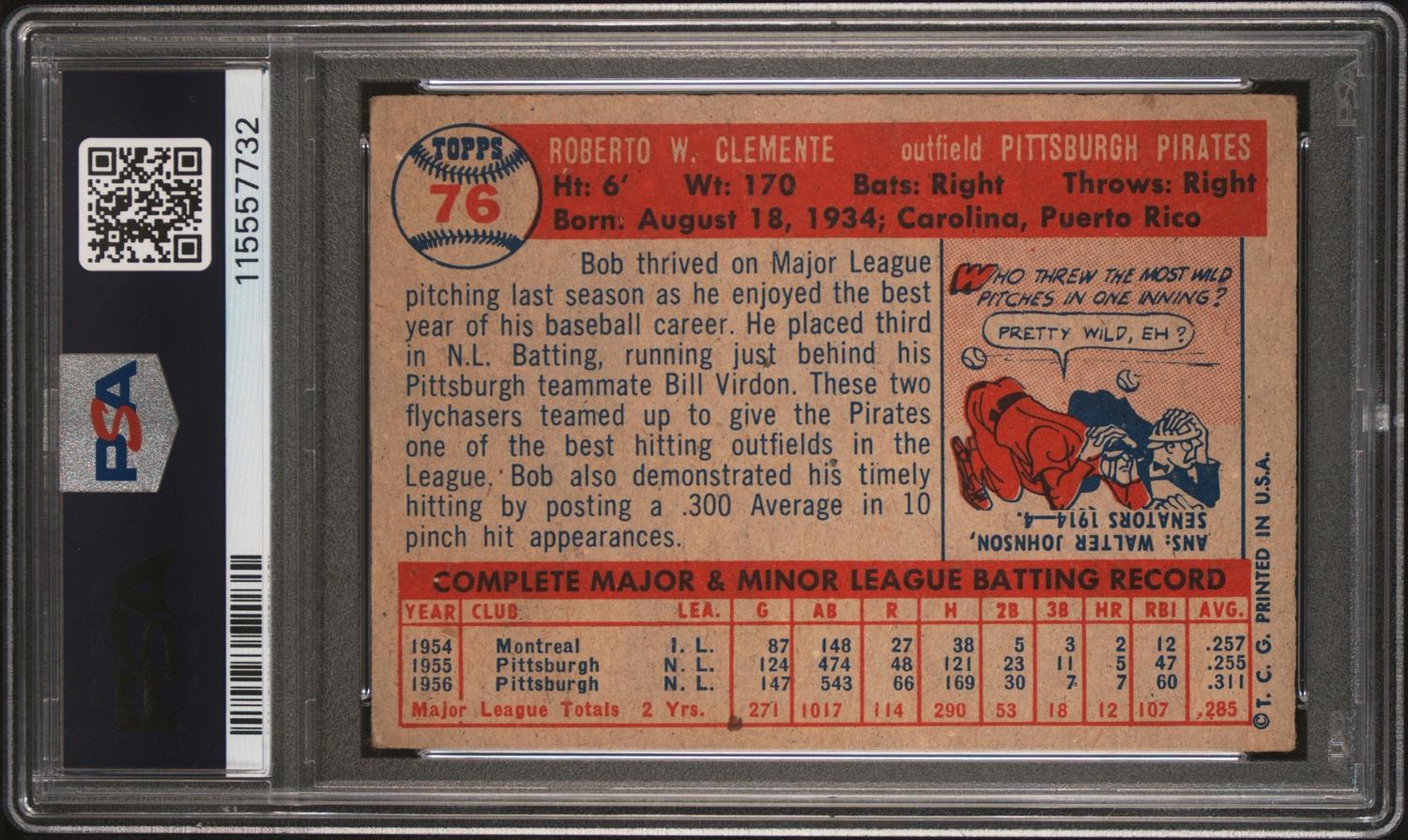 A 1957 Topps Roberto Clemente Baseball Card No. 76 (PSA 3 VG) from The Collection of David Eisenhower