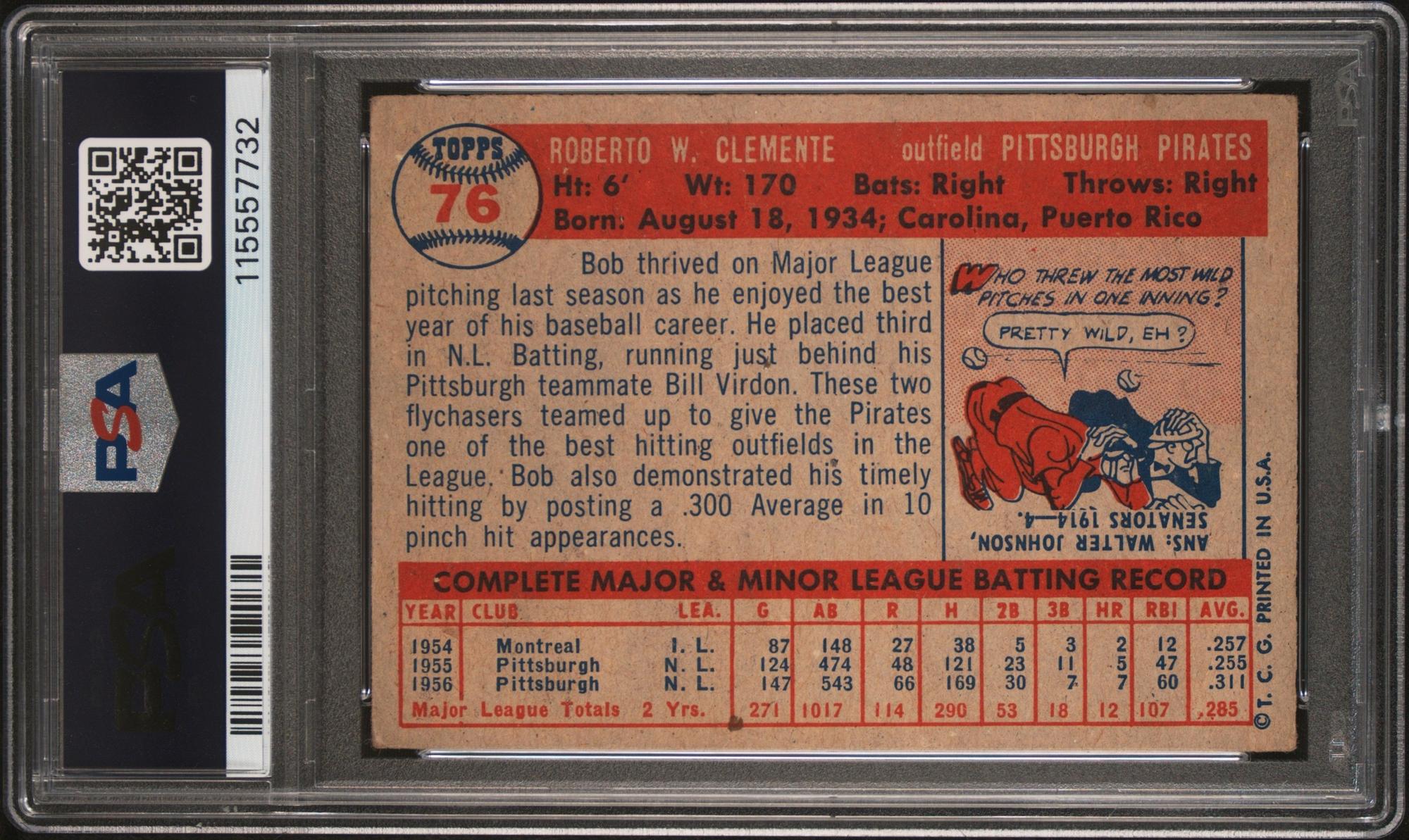 A 1957 Topps Roberto Clemente Baseball Card No. 76 (PSA 3 VG) from The Collection of David Eisenhower