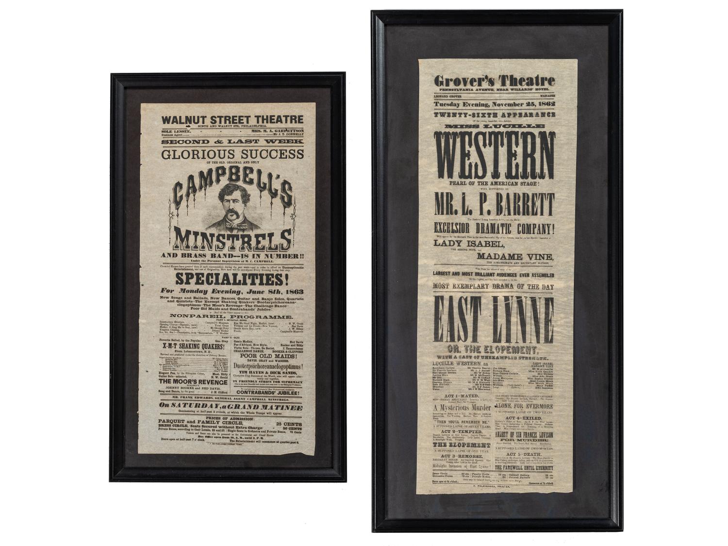 [THEATRE]. A group of 2 broadsides promoting performances at Grover's Theatre, Washington, DC, and Walnut Street Theatre, Philadelphia, which is headlined by Campbells Minstrels. 1862-1863.