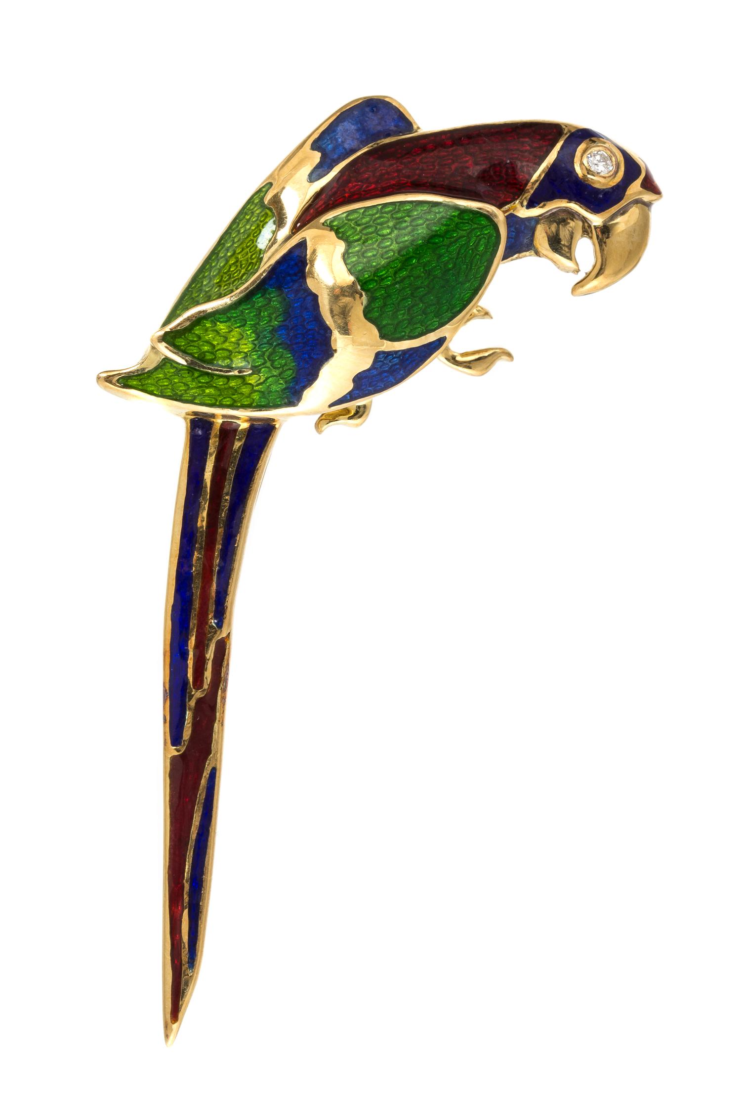 An 18 Karat Yellow Gold, Polychrome Enamel and Diamond Parrot Brooch, Mavito, 9.90 dwts.