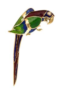 An 18 Karat Yellow Gold, Polychrome Enamel and Diamond Parrot Brooch, Mavito, 9.90 dwts.