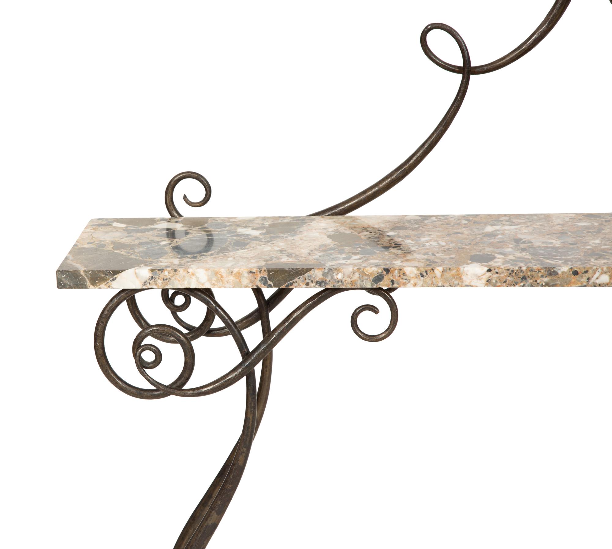 A Wrought Iron and Parcel Gilt Marble Top Console Table