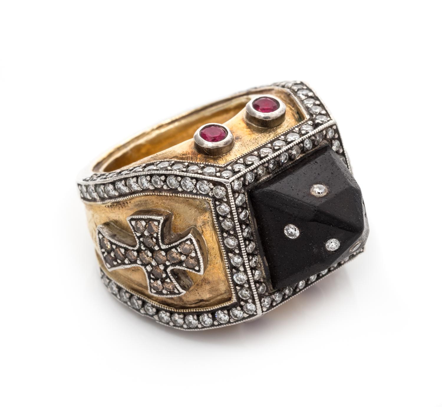 A Sterling Silver, 24 Karat Yellow Gold, Diamond, Wood and Ruby Ring, 19.30 dwts.