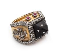 A Sterling Silver, 24 Karat Yellow Gold, Diamond, Wood and Ruby Ring, 19.30 dwts.