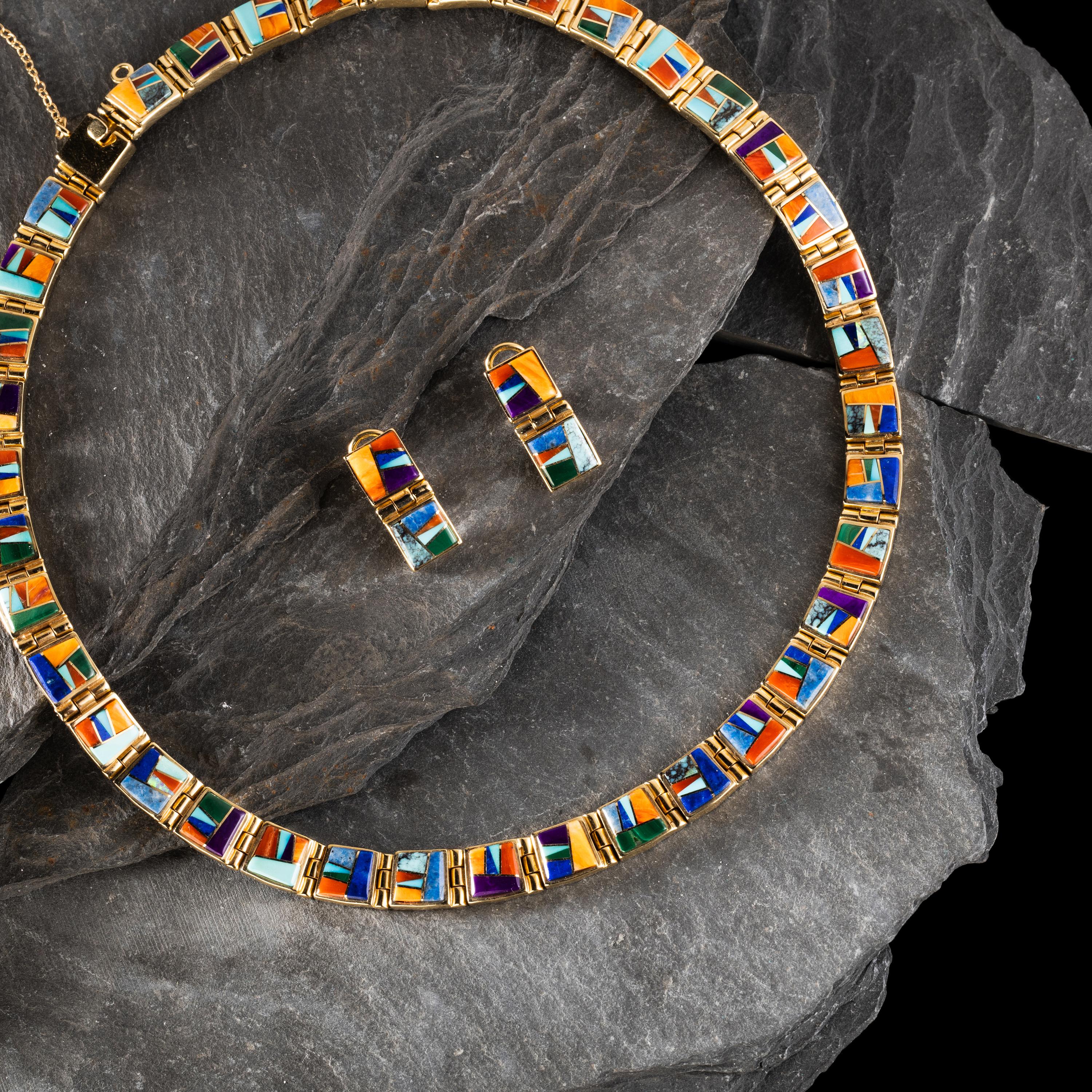 Touch of Santa Fe (Shop, 20th/21st Century) — Matching 14K Gold and Mosaic Inlay Necklace and Clip Earrings