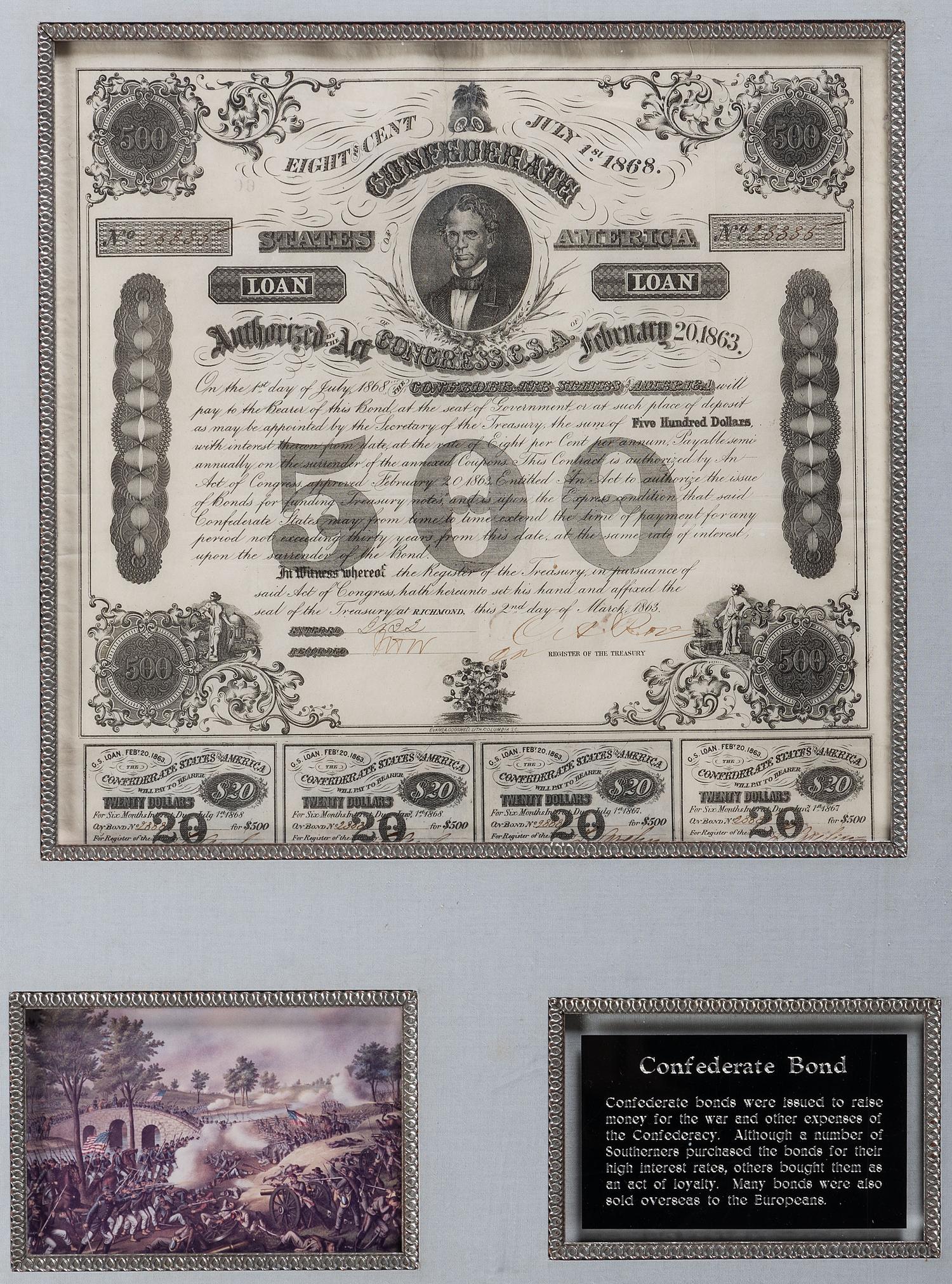 [CIVIL WAR]. A group of 11 Confederate bonds, incl. $500 and $1000 examples.