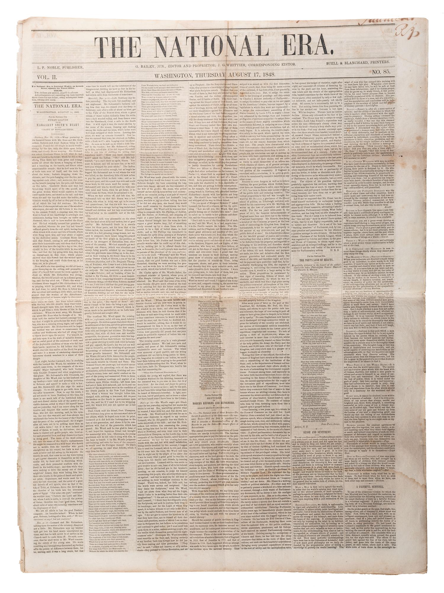 [SLAVERY & ABOLITION]. A group of 4 issues of the anti-slavery paper, The National Era . Washington, DC: American and Foreign Anti-Slavery Society, 1848.