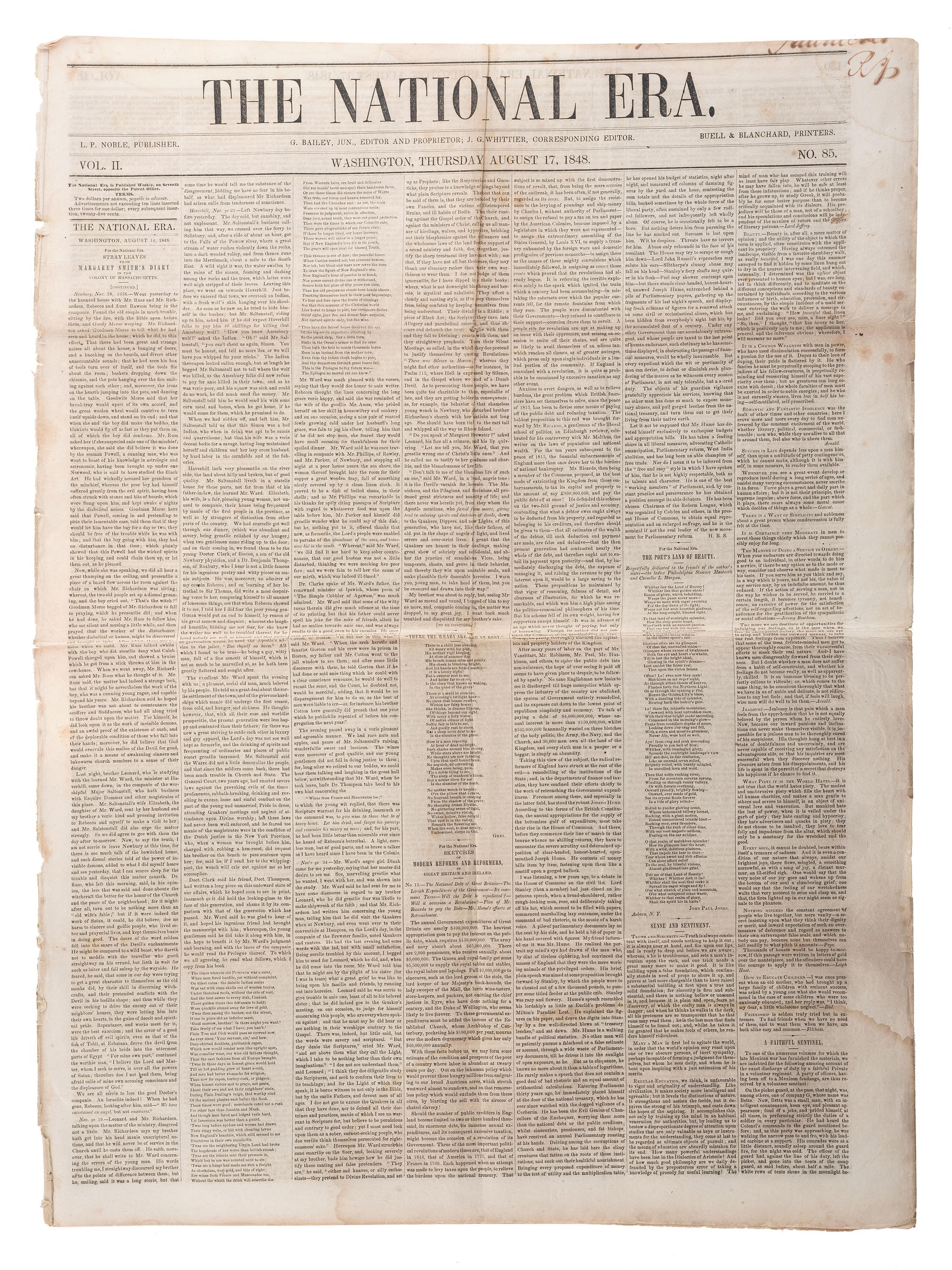[SLAVERY & ABOLITION]. A group of 4 issues of the anti-slavery paper, The National Era . Washington, DC: American and Foreign Anti-Slavery Society, 1848.