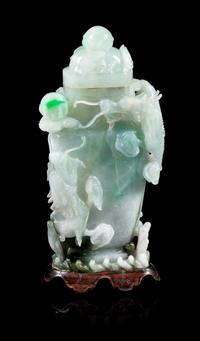 An Apple Green and Celadon Jadeite Covered Vase Height 7 inches. — 20TH CENTURY