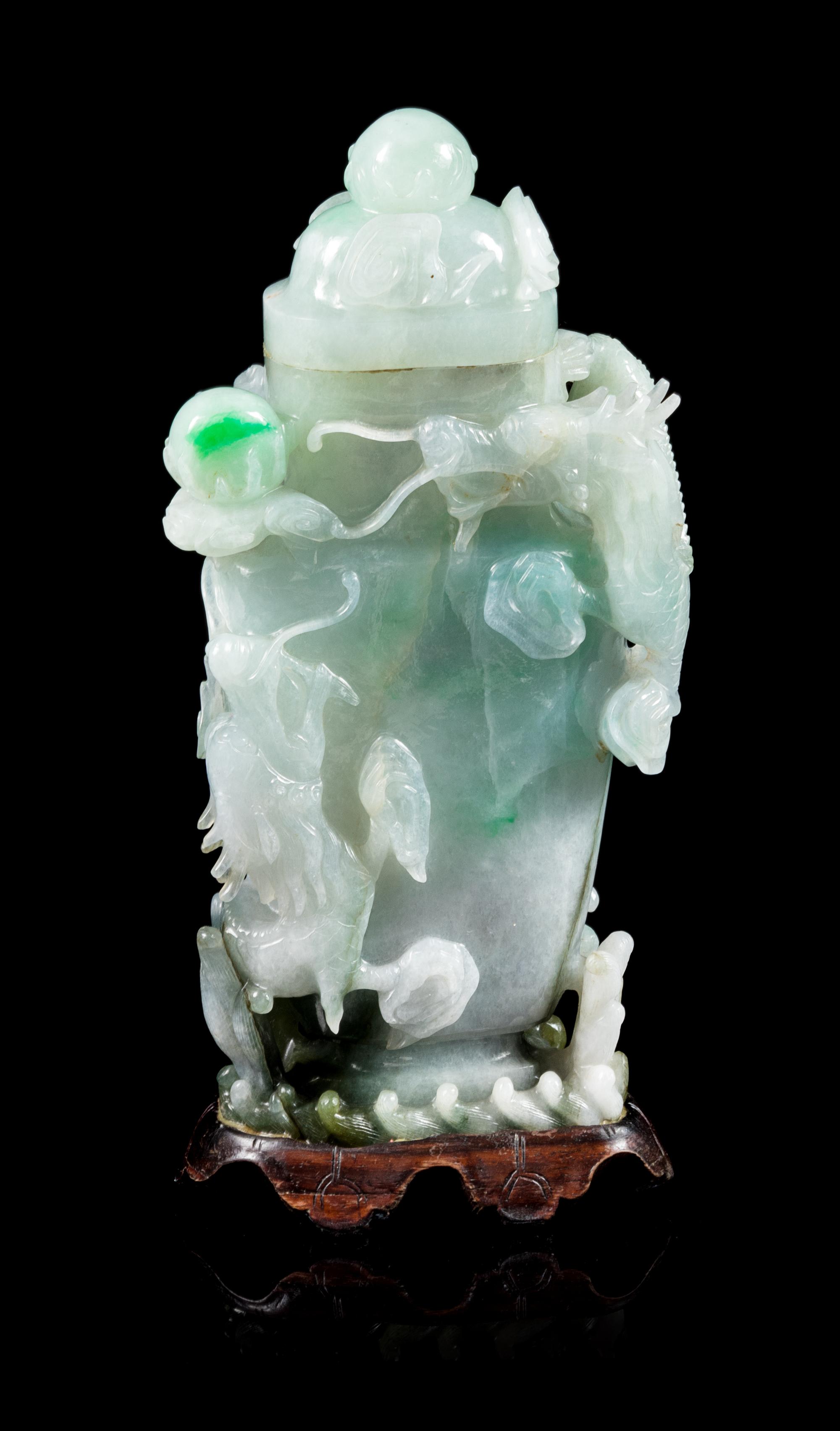 An Apple Green and Celadon Jadeite Covered Vase Height 7 inches. — 20TH CENTURY