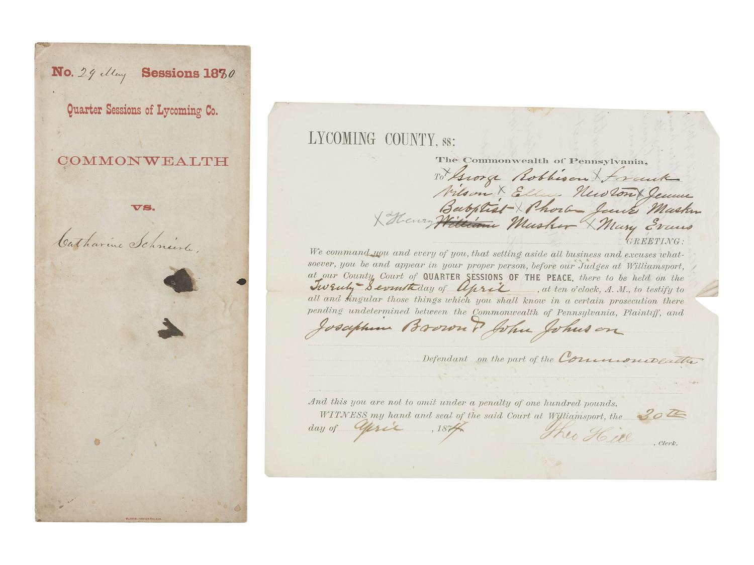 [WOMEN - CRIME & PUNISHMENT]. Indictment of Josephine Brown and John Johnson for keeping a "baudy house." Lycoming County, PA, August 1874.
