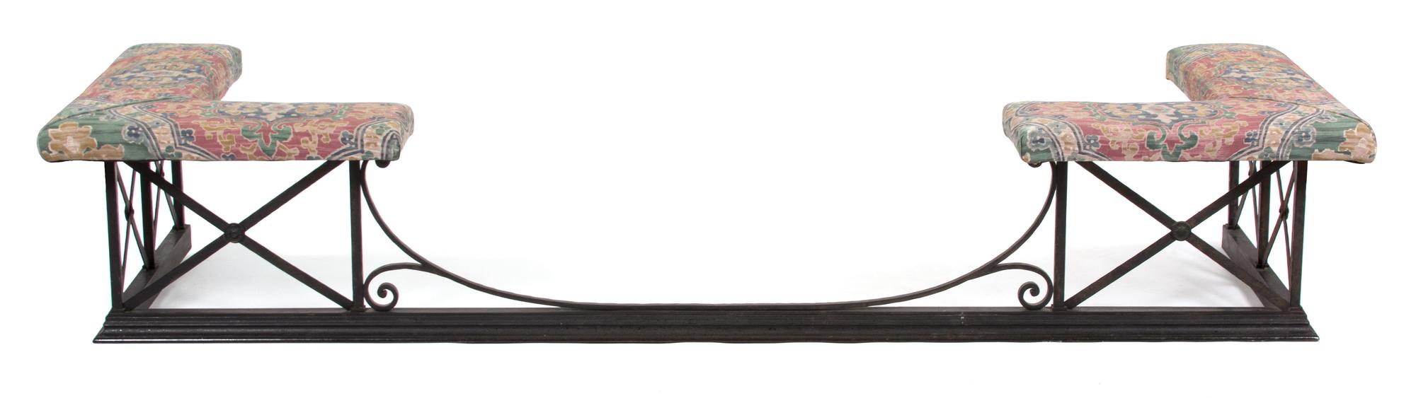 A Regency Style Steel Club Fender with Upholstered Ends Height 17 x width 93 1/2 depth 29 1/2 inches. — 19TH CENTURY