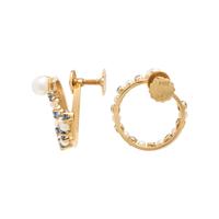 Fisher & Co., Sapphire, Cultured Pearl, and Yellow Gold Brooch and Earrings Set