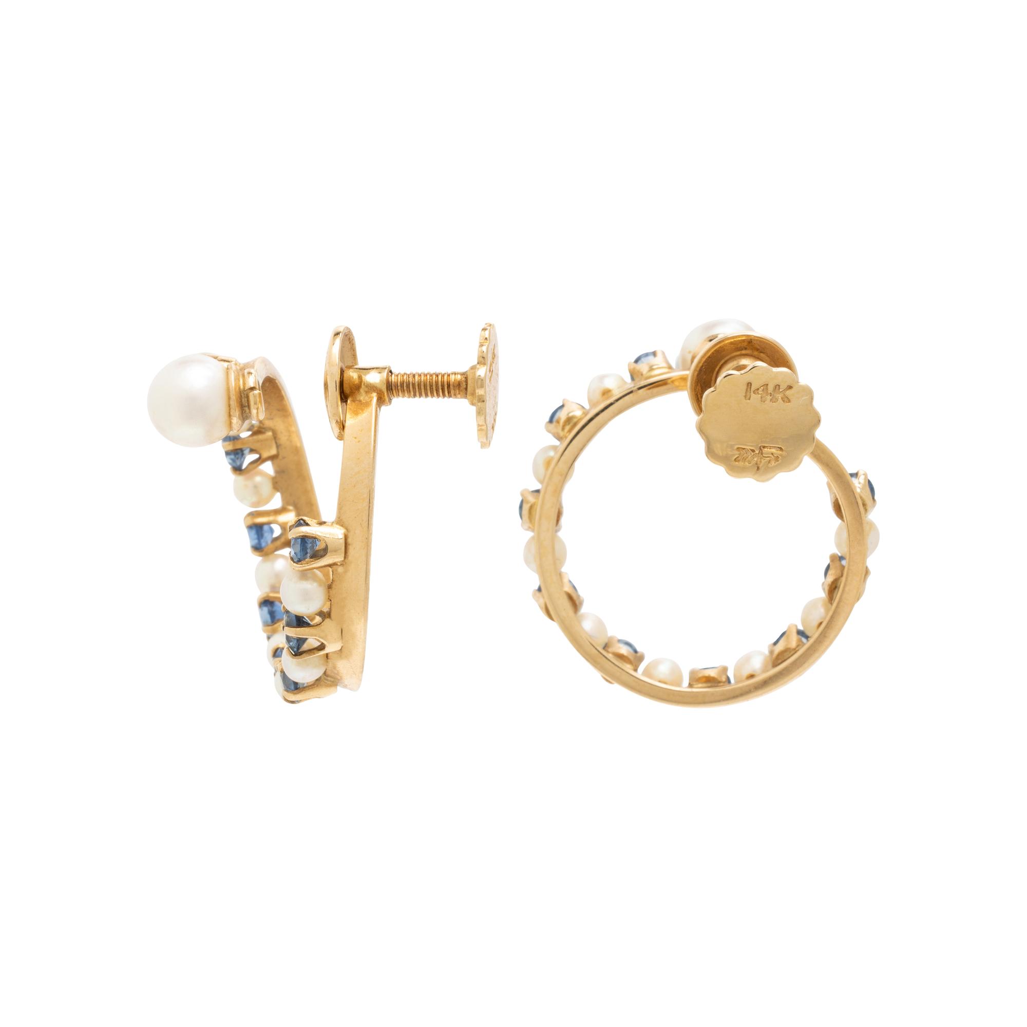 Fisher & Co., Sapphire, Cultured Pearl, and Yellow Gold Brooch and Earrings Set