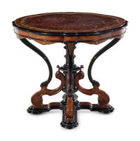 An Aesthetic Movement Parcel Ebonized Burl Walnut Marble-Top Center Table