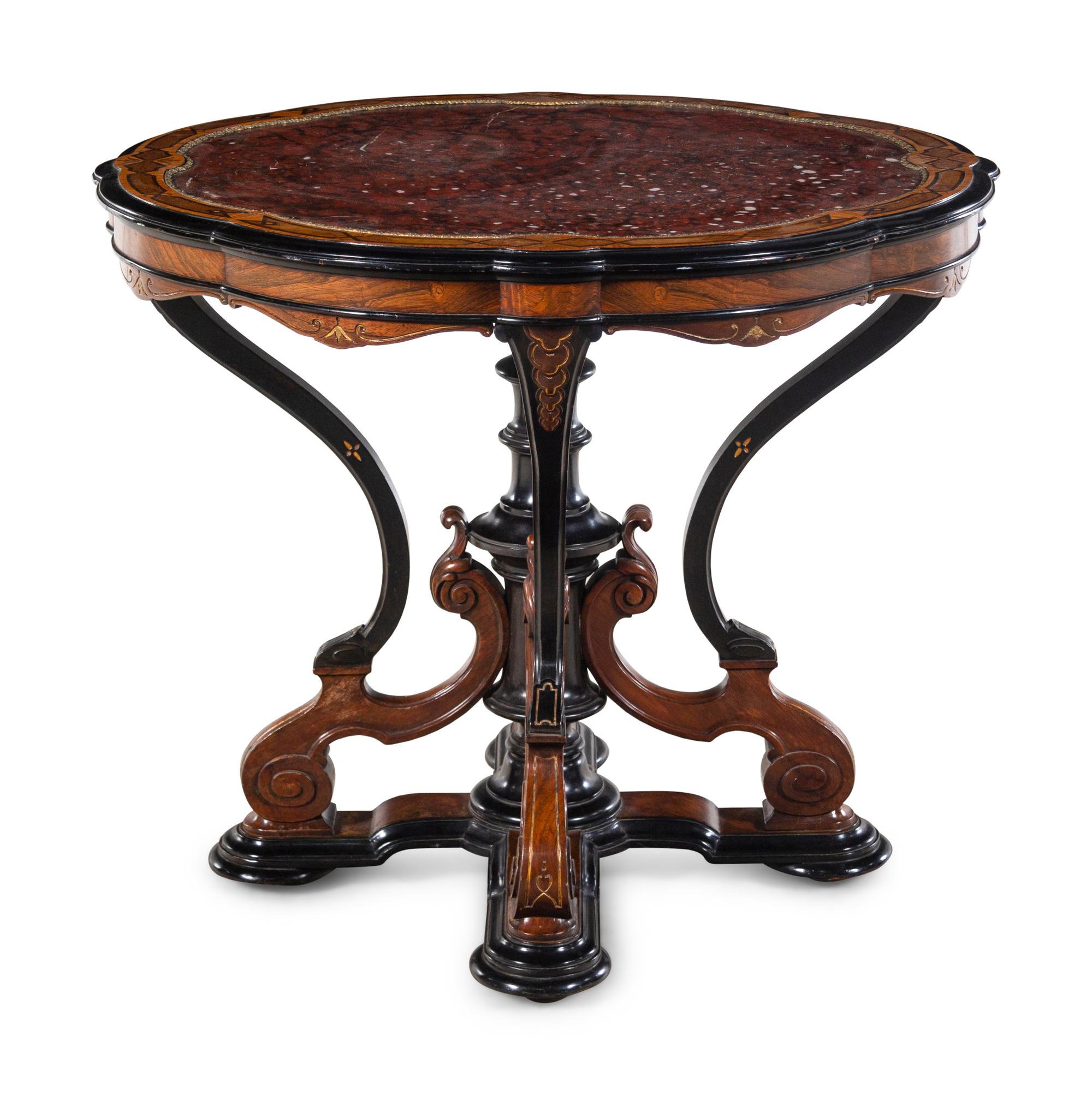 An Aesthetic Movement Parcel Ebonized Burl Walnut Marble-Top Center Table