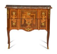 A Louis XV Gilt Bronze Mounted Marquetry Marble Top Commode