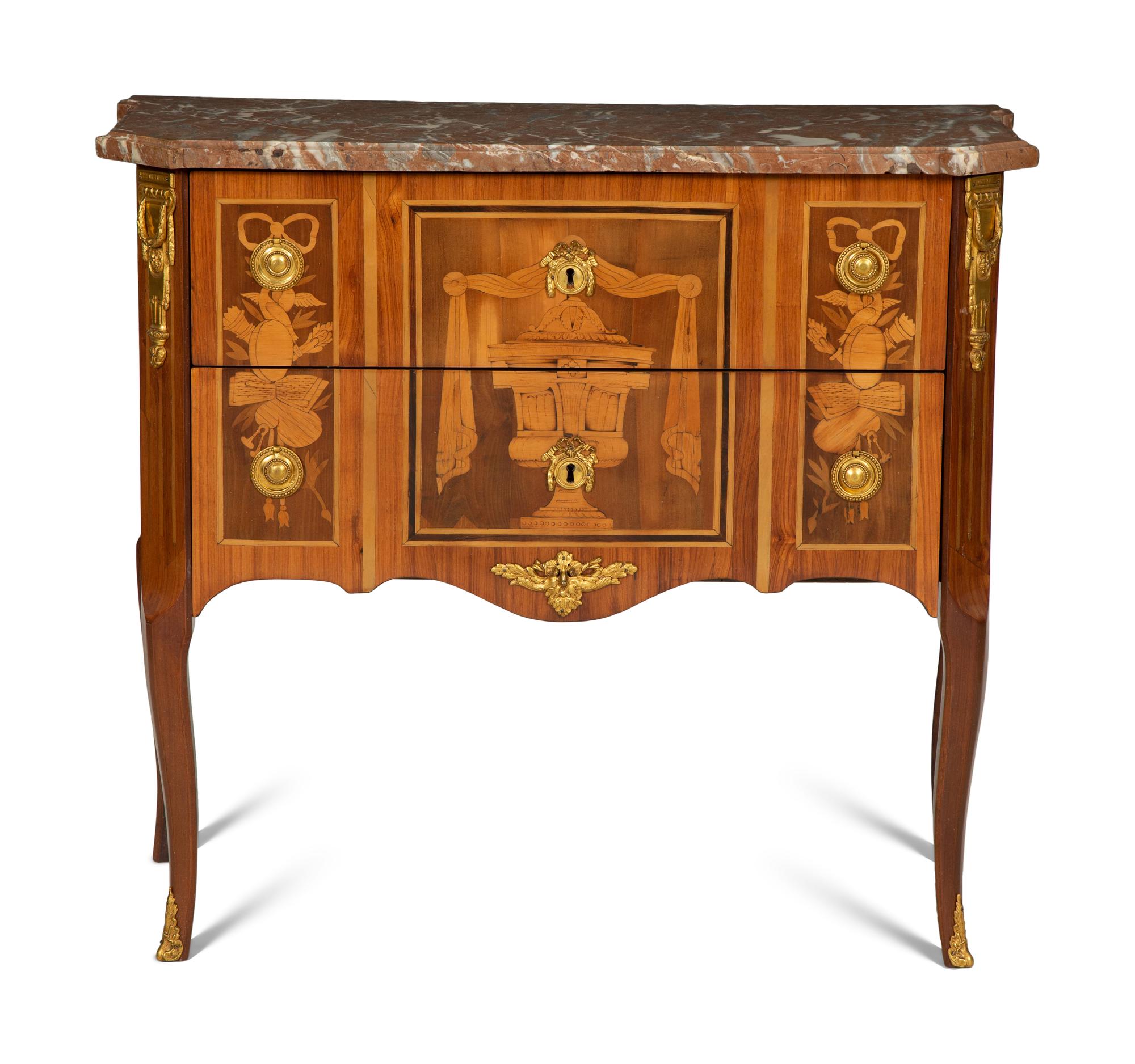 A Louis XV Gilt Bronze Mounted Marquetry Marble Top Commode