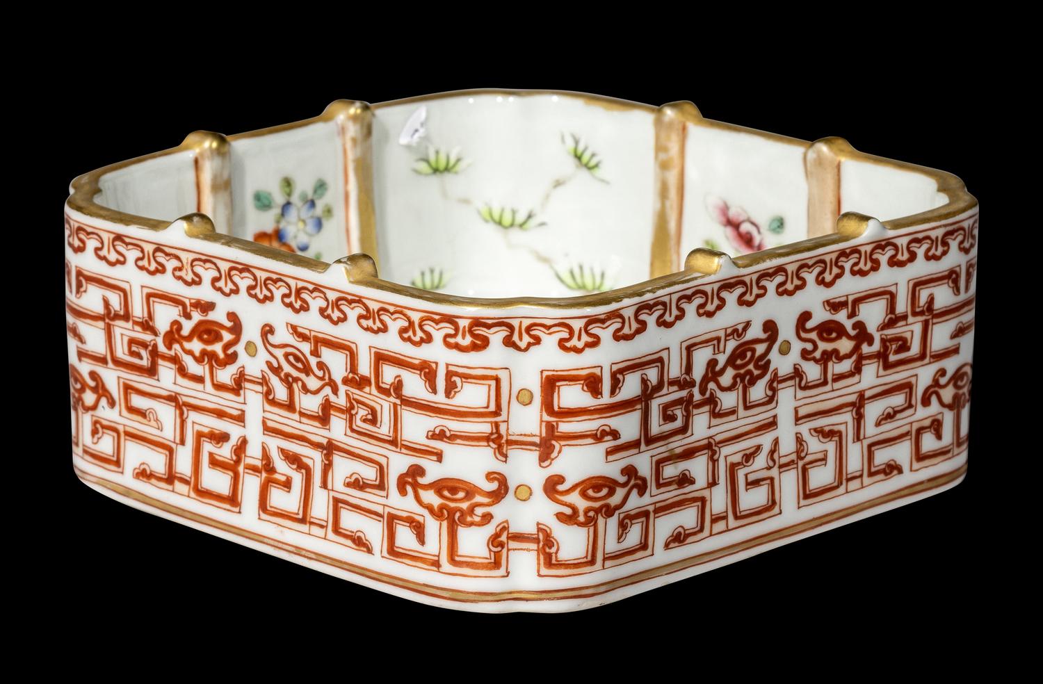 A Chinese Gilt, Famille Rose and Iron-Red Decorated Porcelain Square Brush Washer