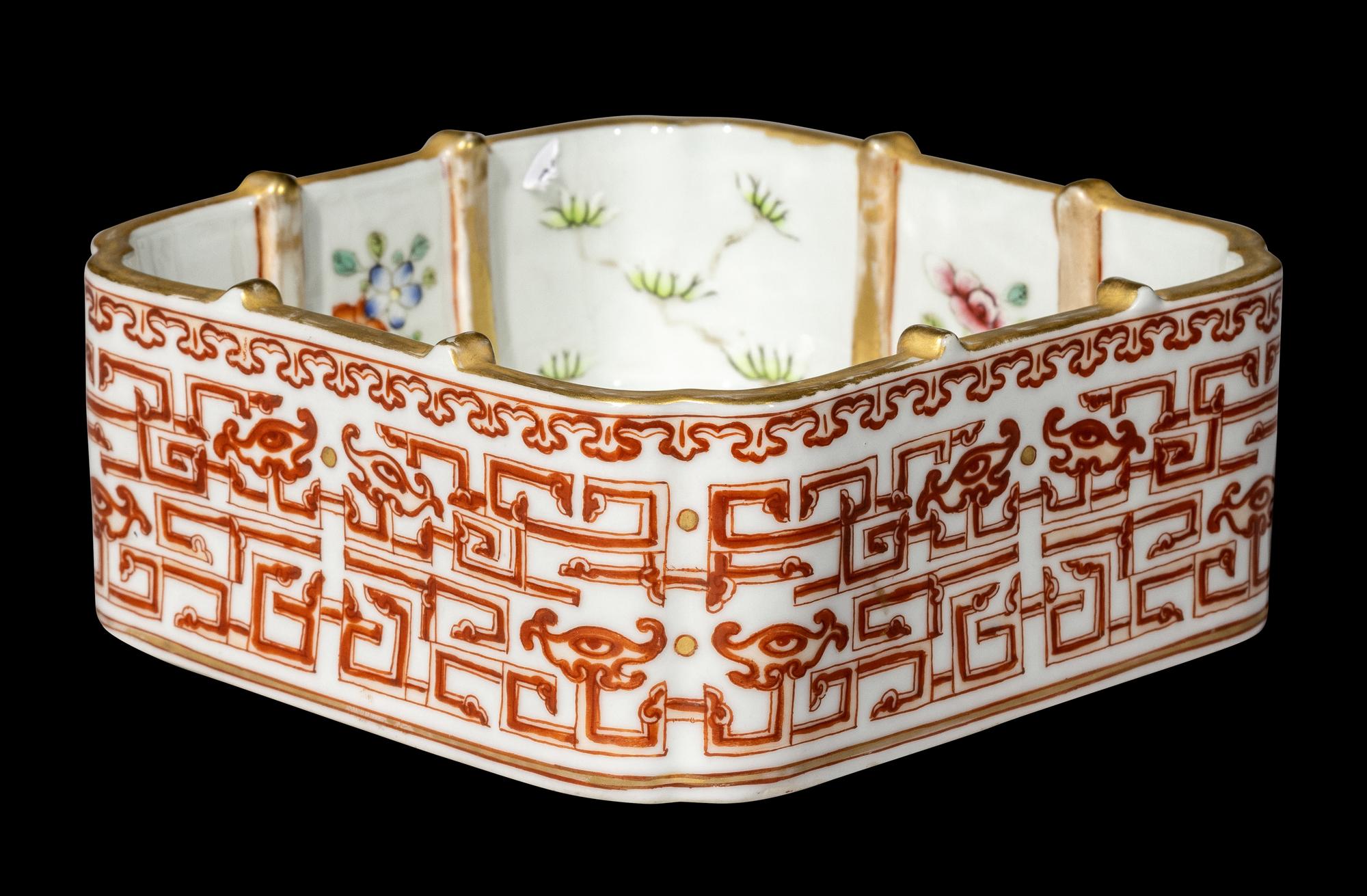 A Chinese Gilt, Famille Rose and Iron-Red Decorated Porcelain Square Brush Washer
