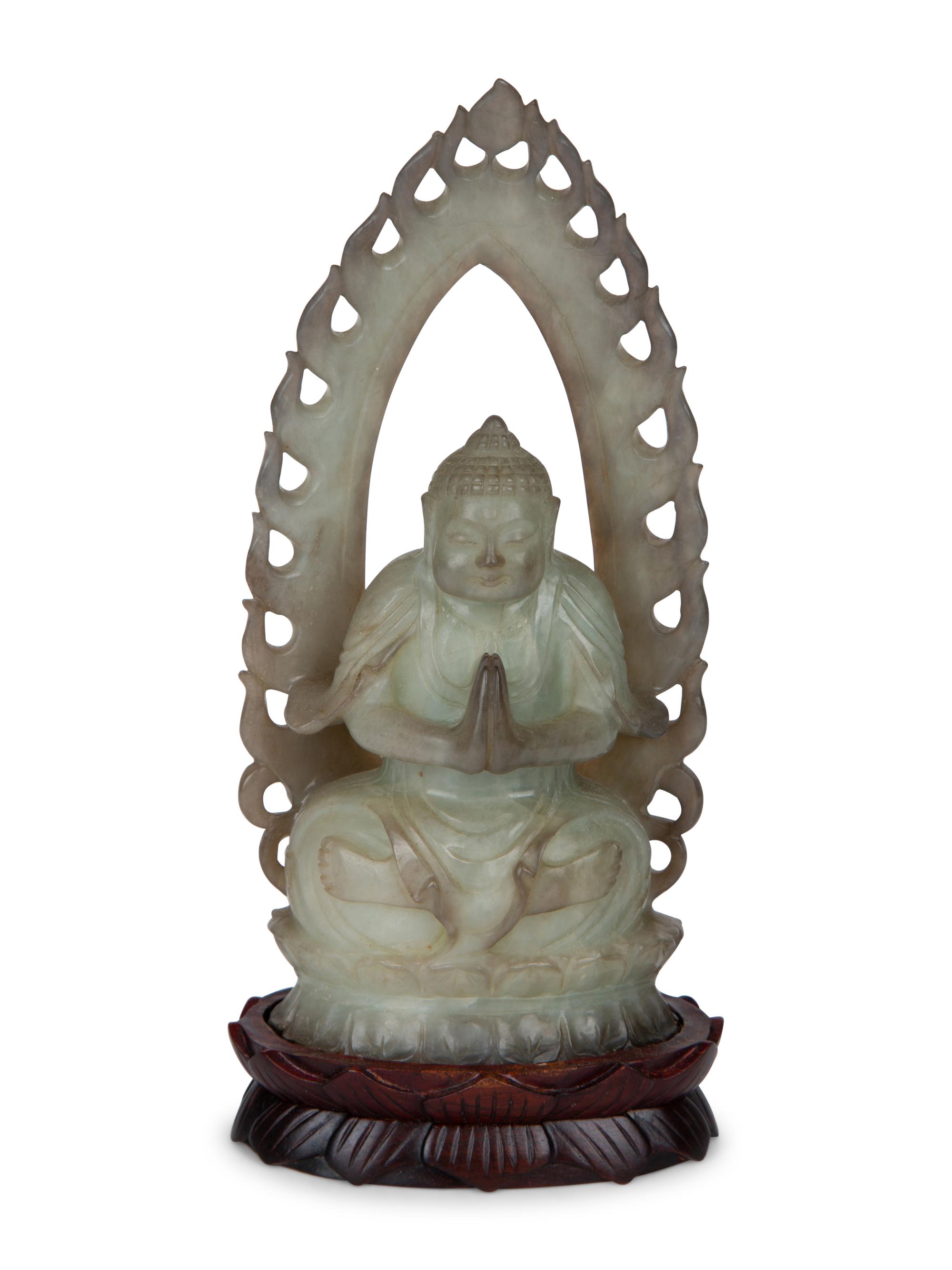 A Chinese Carved White Jade Seated Buddha Under Halo — 20TH CENTURY