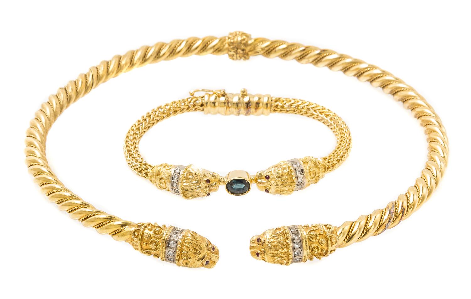 A Collection of 18 Karat Yellow Gold, Diamond, Sapphire and Ruby Jewelry, Greece, 44.00 dwts.