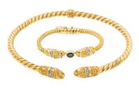 A Collection of 18 Karat Yellow Gold, Diamond, Sapphire and Ruby Jewelry, Greece, 44.00 dwts.
