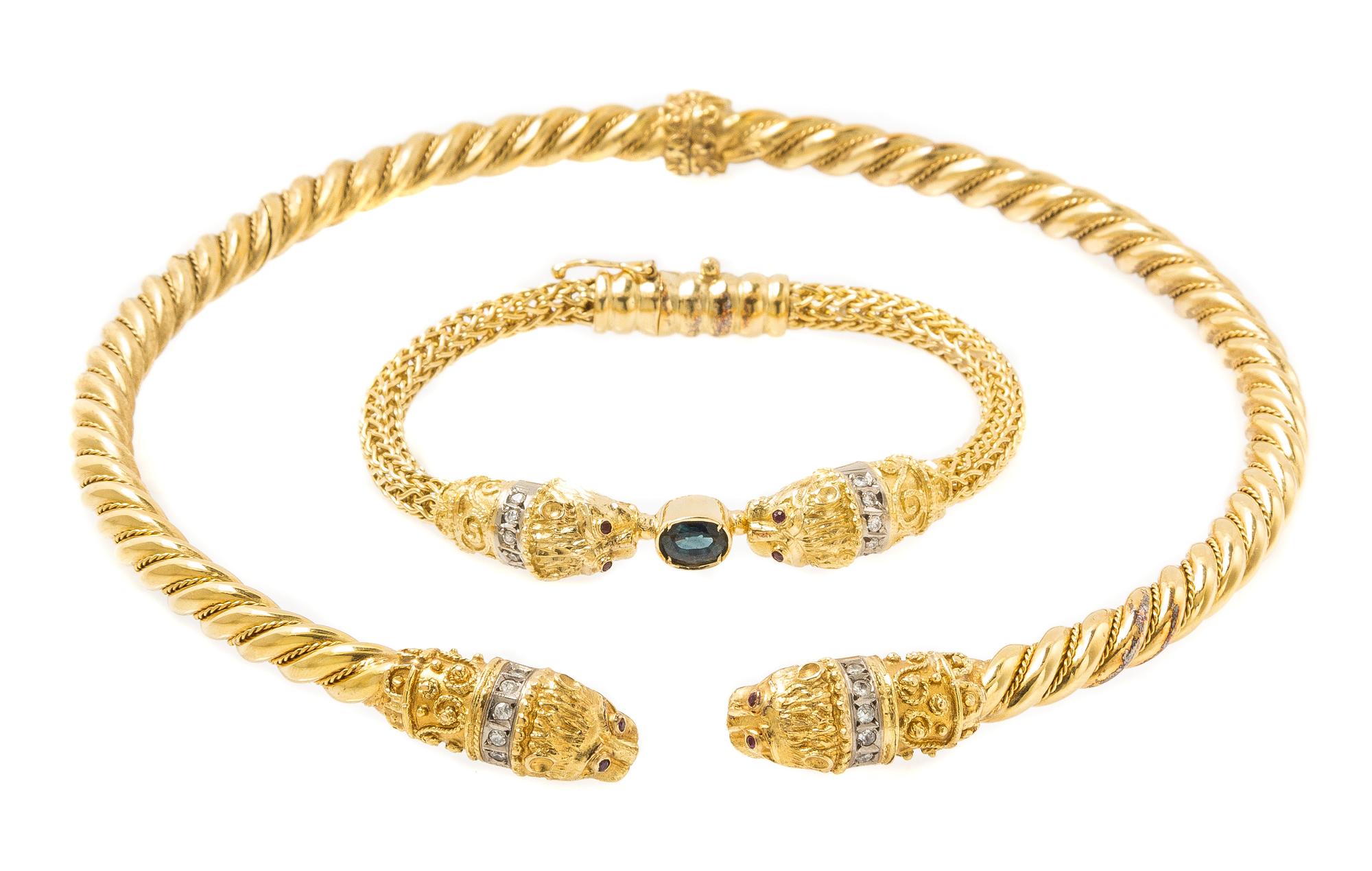 A Collection of 18 Karat Yellow Gold, Diamond, Sapphire and Ruby Jewelry, Greece, 44.00 dwts.
