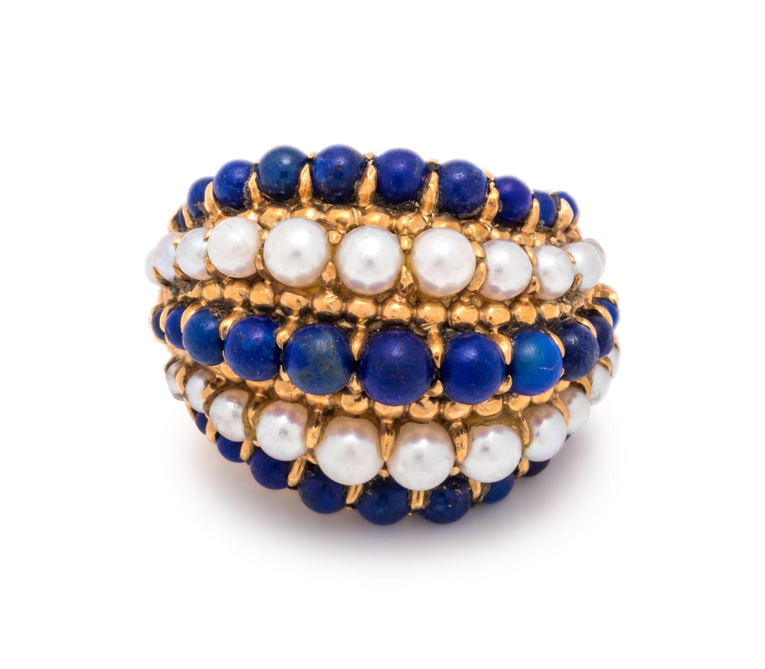 VAN CLEEF & ARPELS, LAPIS LAZULI AND CULTURED PEARL BOMBE RING