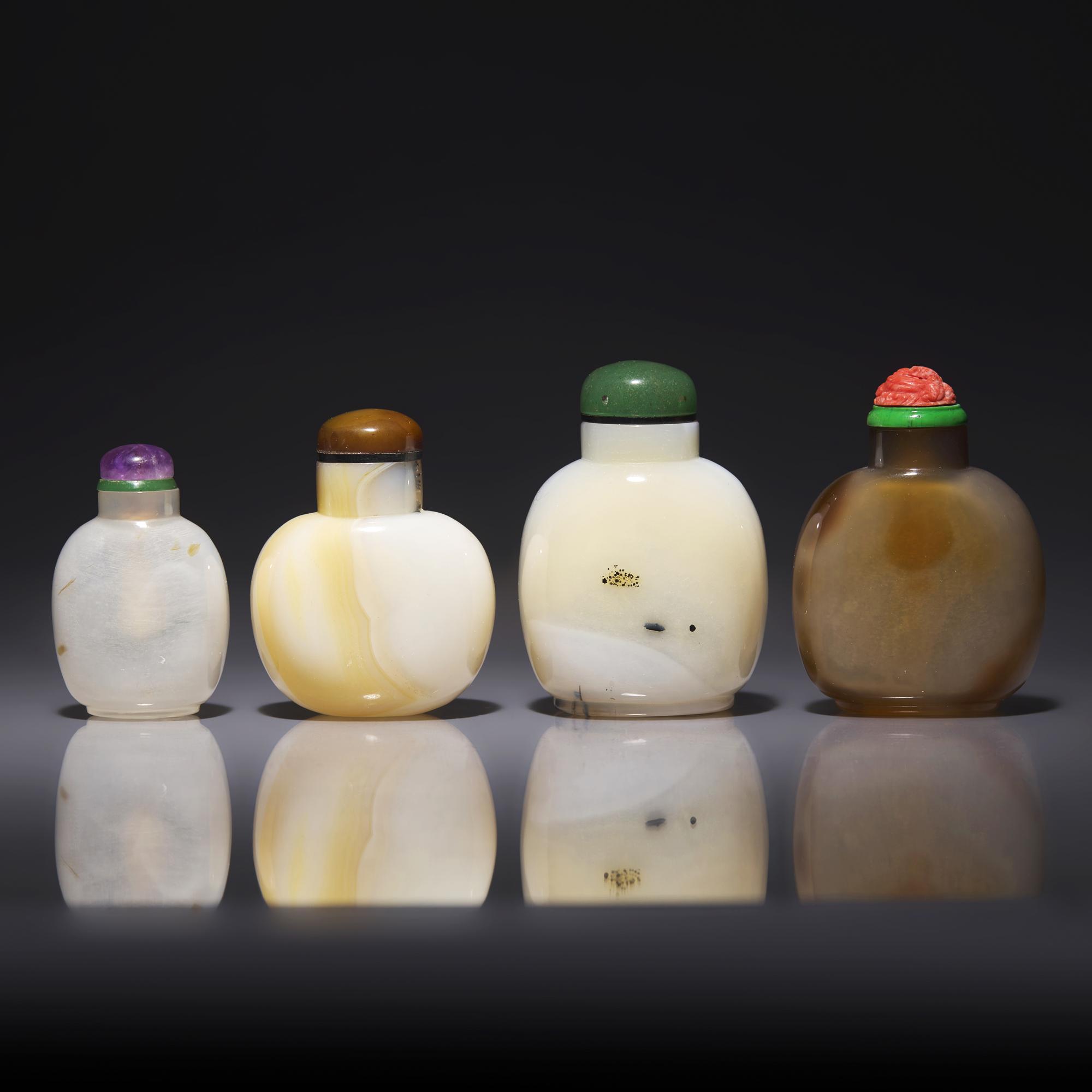 Four Carved Shadow Agate Snuff Bottles 瑪瑙巧雕鼻烟壺四支