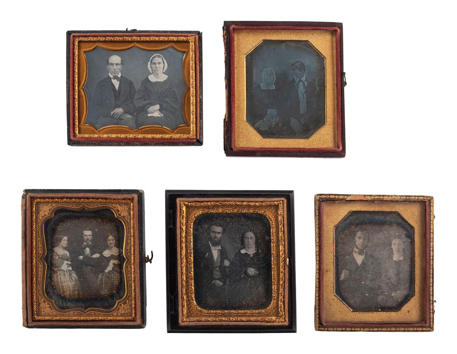 [EARLY PHOTOGRAPHY]. 19 daguerreotype portraits of interesting pairs and groups of subjects