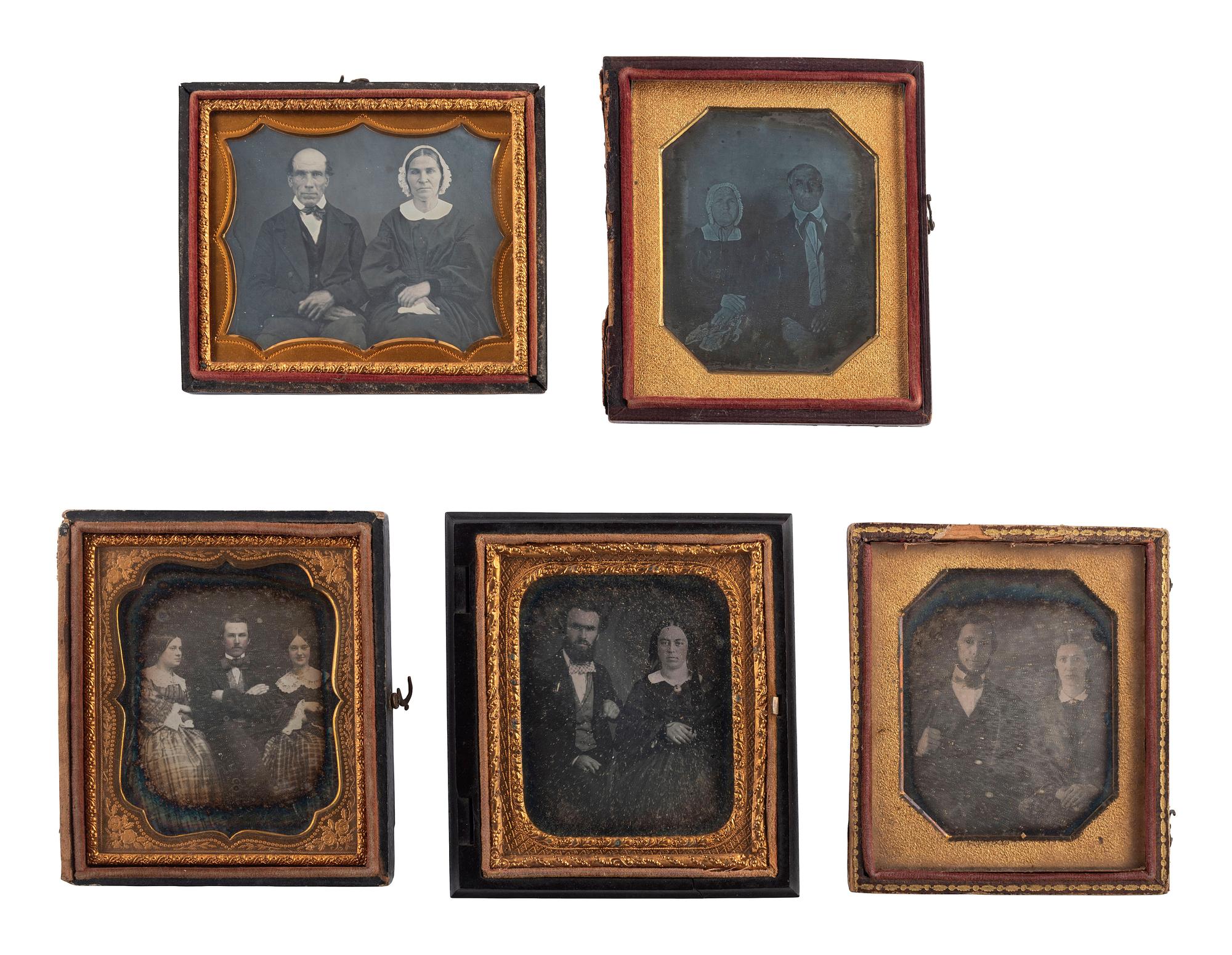 [EARLY PHOTOGRAPHY]. 19 daguerreotype portraits of interesting pairs and groups of subjects