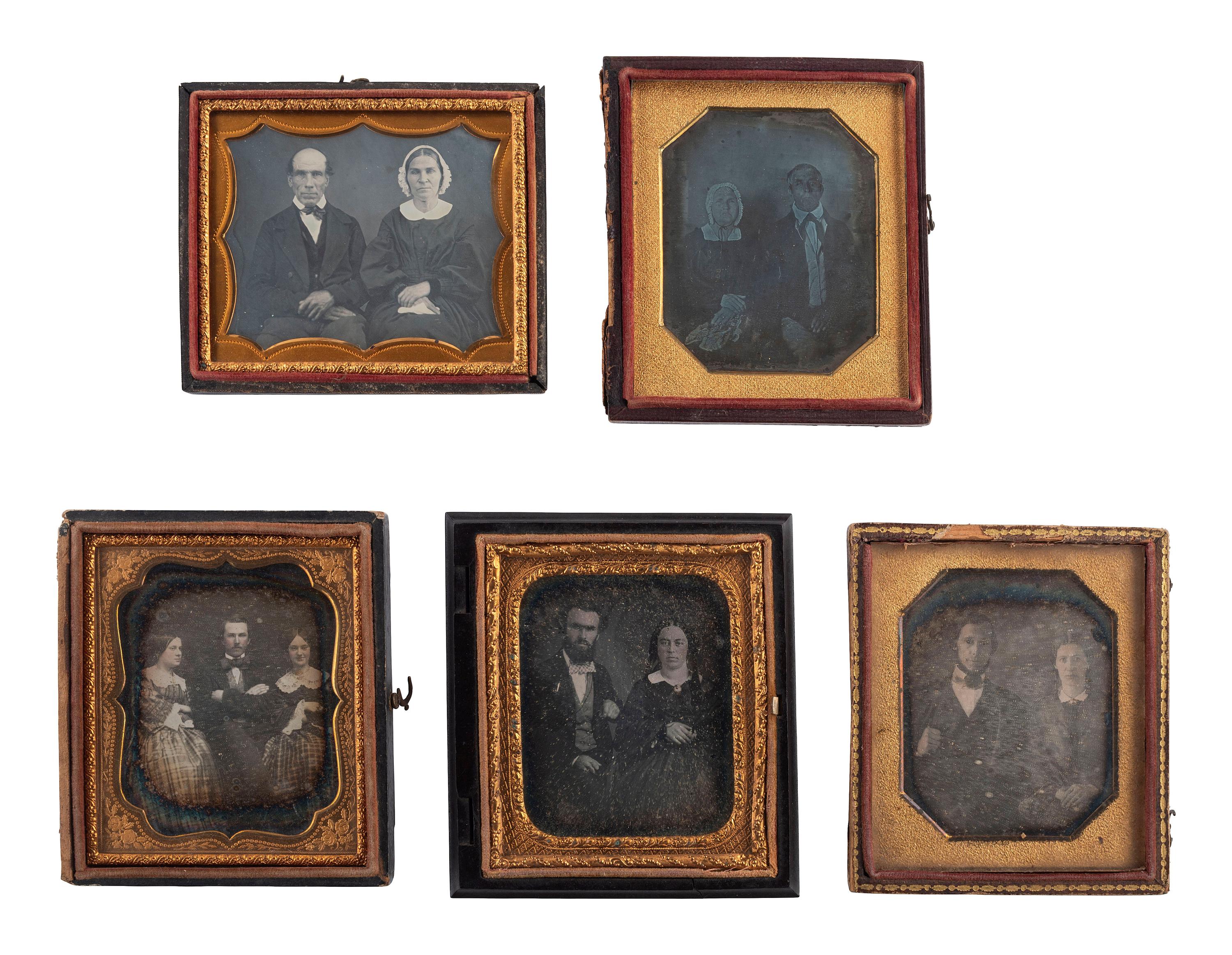 [EARLY PHOTOGRAPHY]. 19 daguerreotype portraits of interesting pairs and groups of subjects