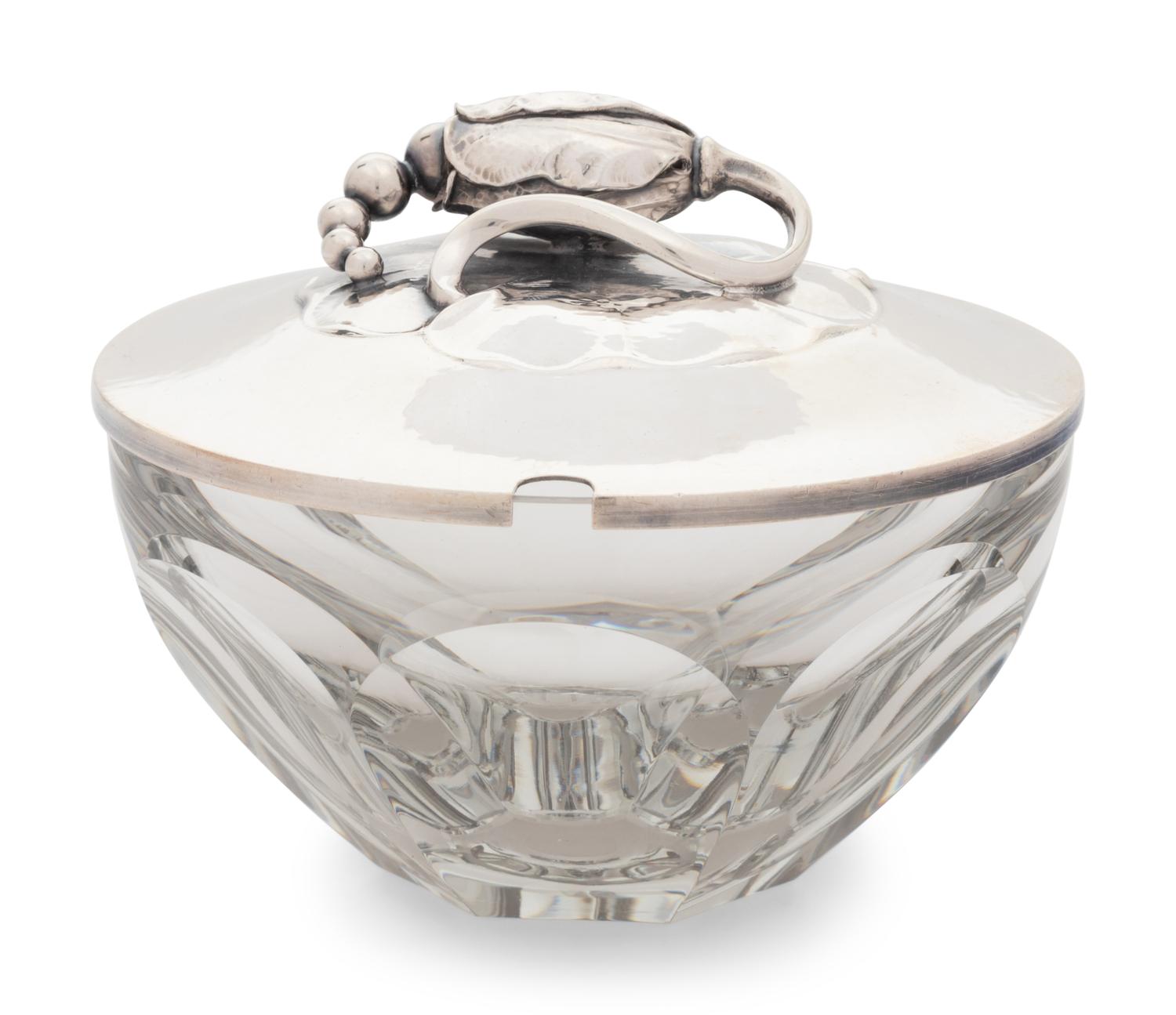 A Georg Jensen Silver Mounted Blossom Pattern Glass Jam Jar