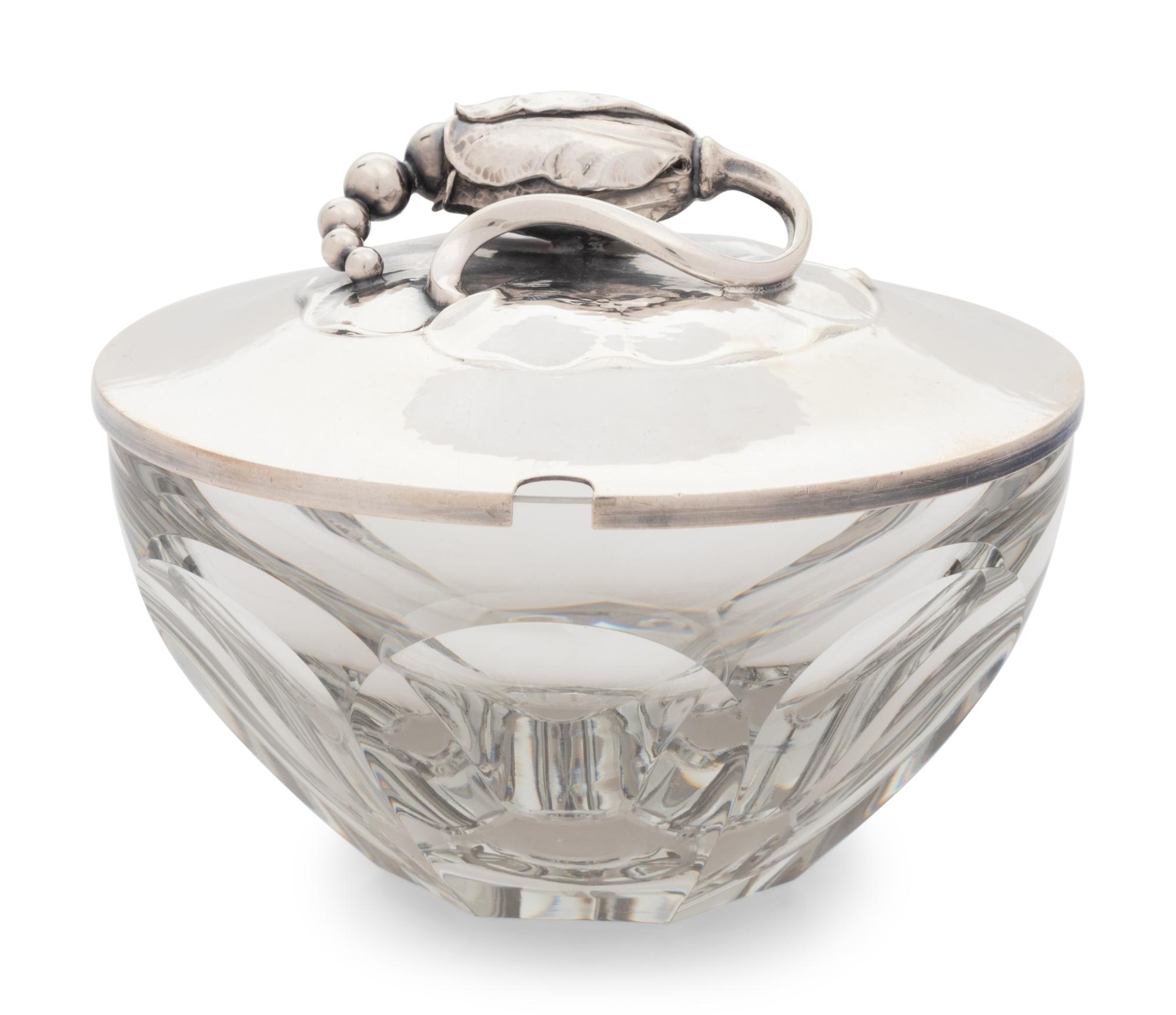 A Georg Jensen Silver Mounted Blossom Pattern Glass Jam Jar